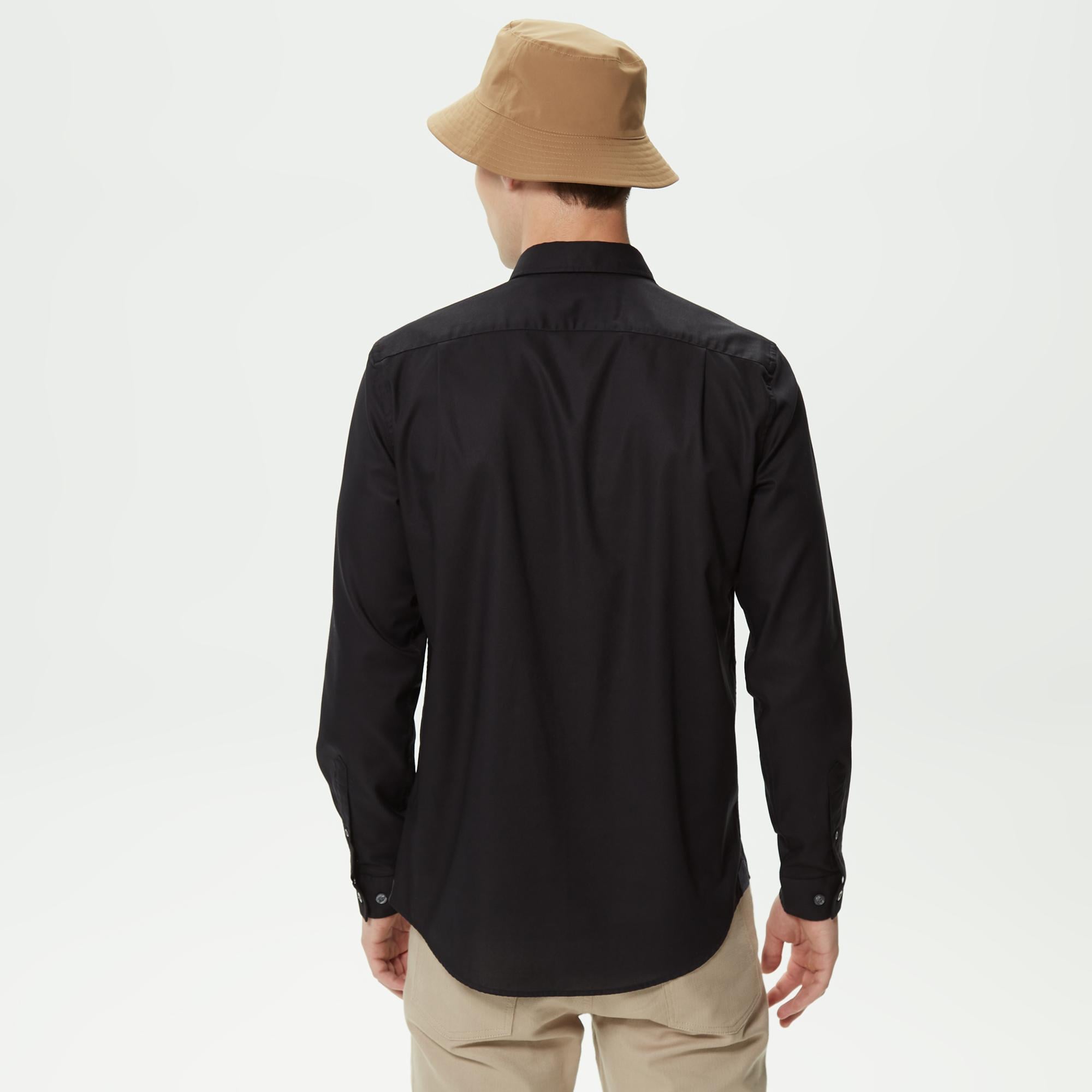 Erkek Slim Fit Düğmeli Yaka Siyah Gömlek