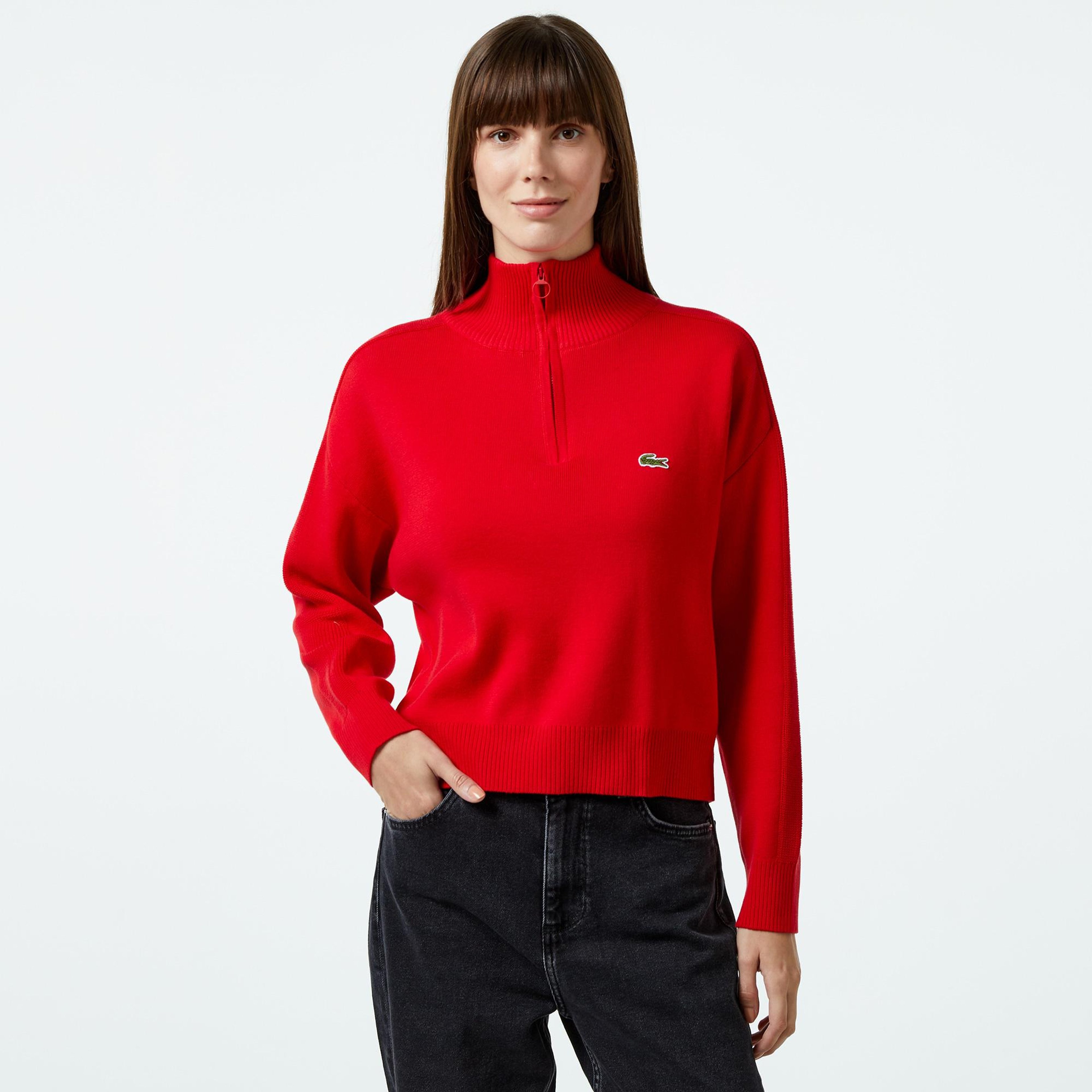 Kadın Relaxed Fit Yarım Fermuarlı Kırmızı Triko