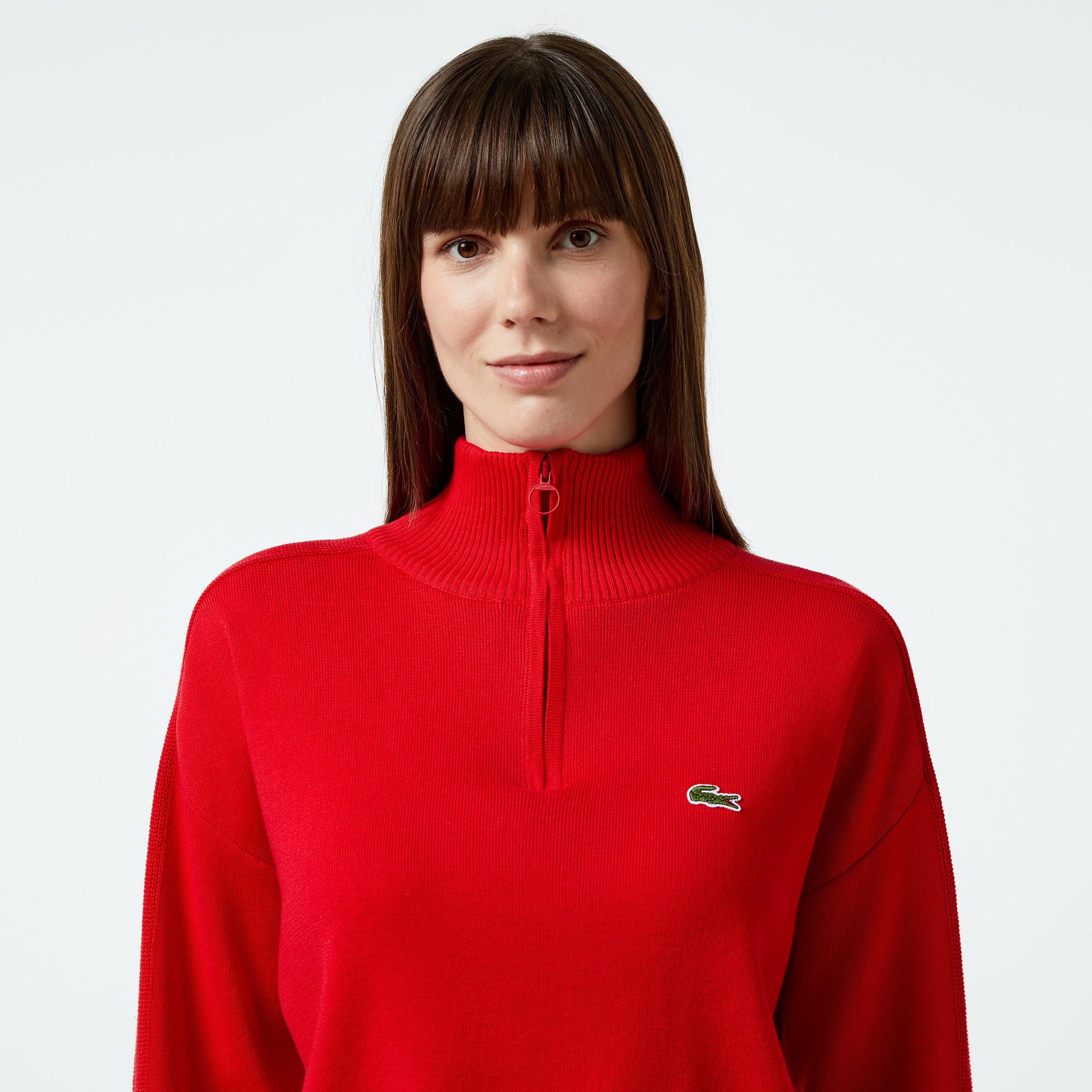 Lacoste Kadın Relaxed Fit Yarım Fermuarlı Kırmızı Triko