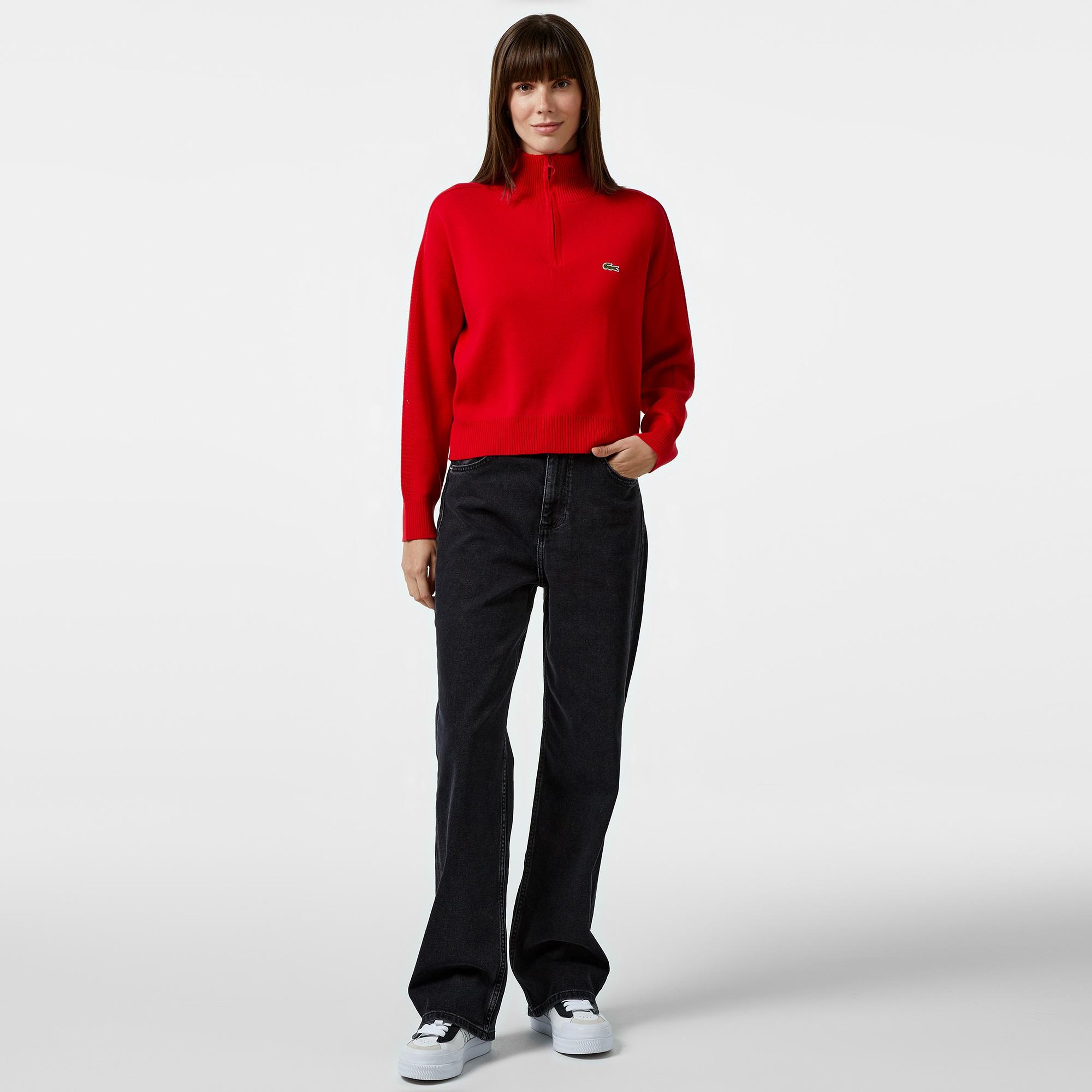 Lacoste Kadın Relaxed Fit Yarım Fermuarlı Kırmızı Triko