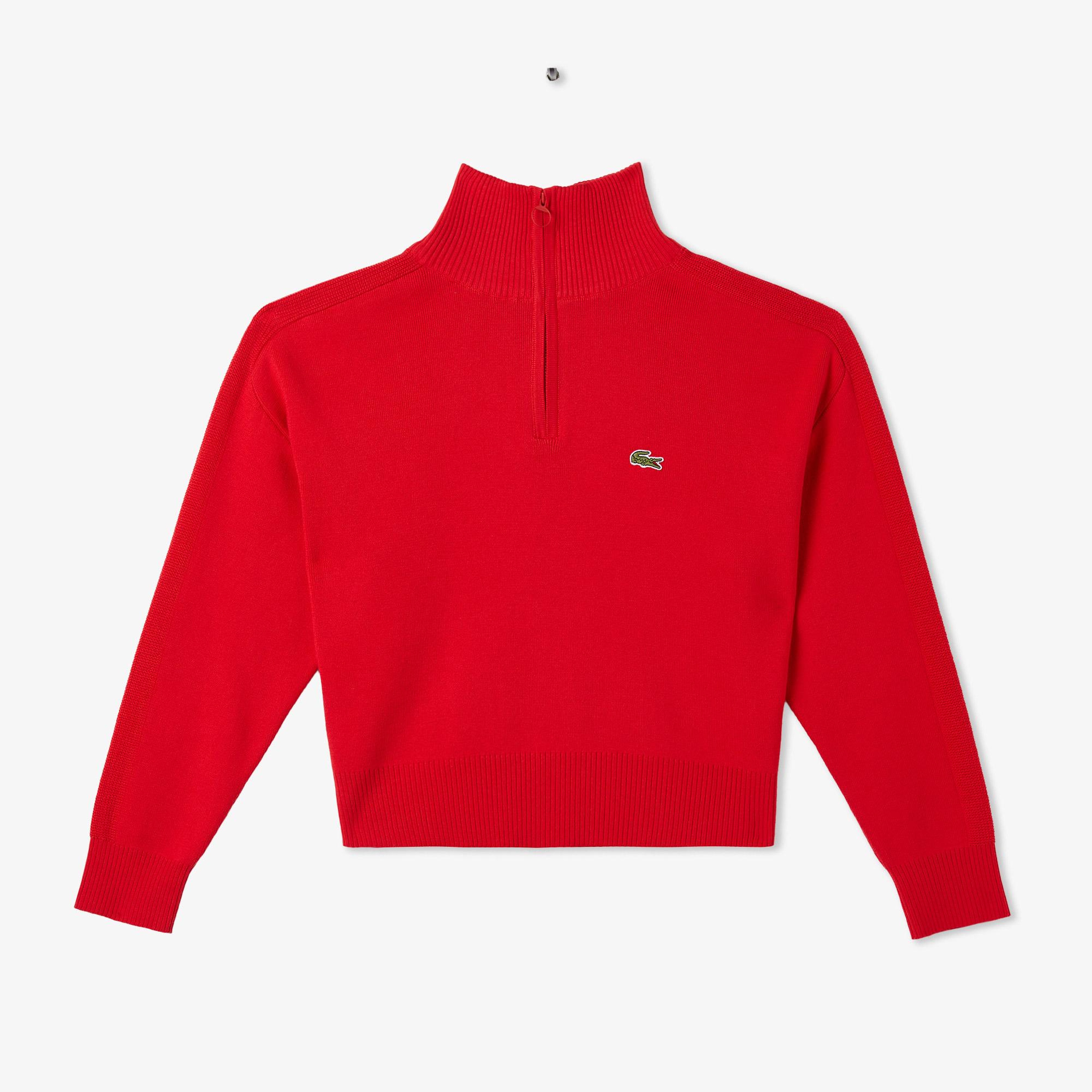Lacoste Kadın Relaxed Fit Yarım Fermuarlı Kırmızı Triko
