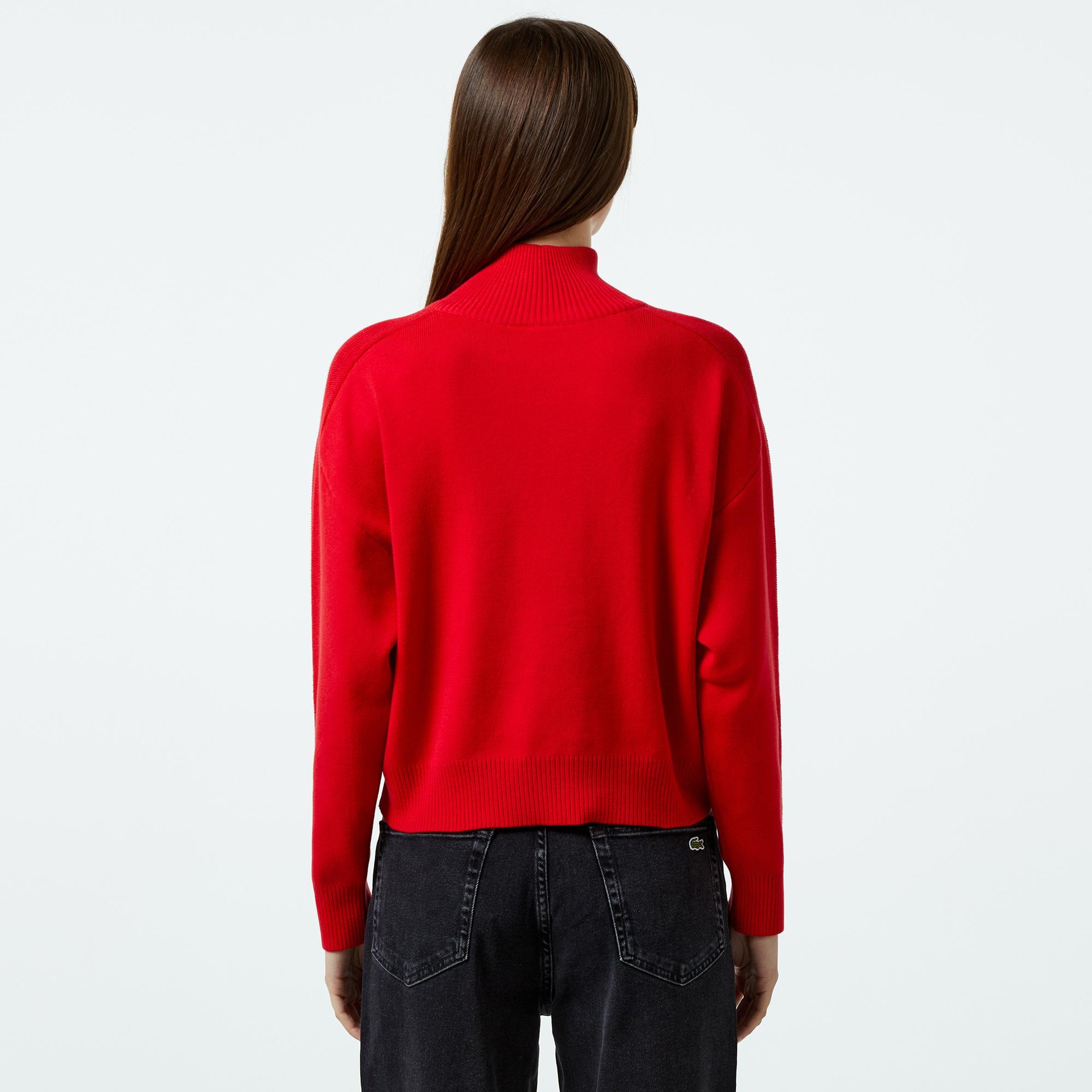 Lacoste Kadın Relaxed Fit Yarım Fermuarlı Kırmızı Triko