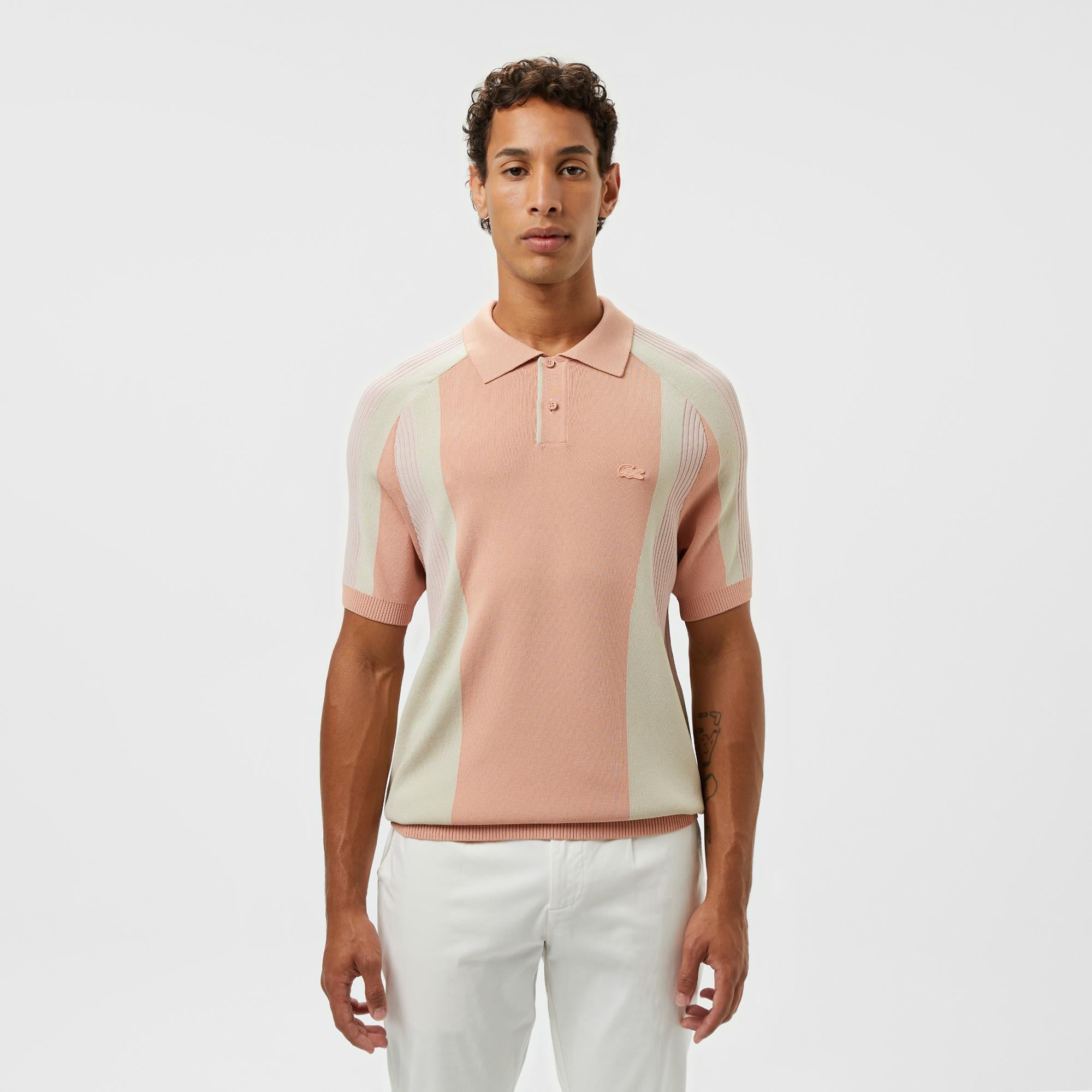 Erkek Regular Fit Kısa Kollu Polo Yaka Renk Bloklu Pembe Triko