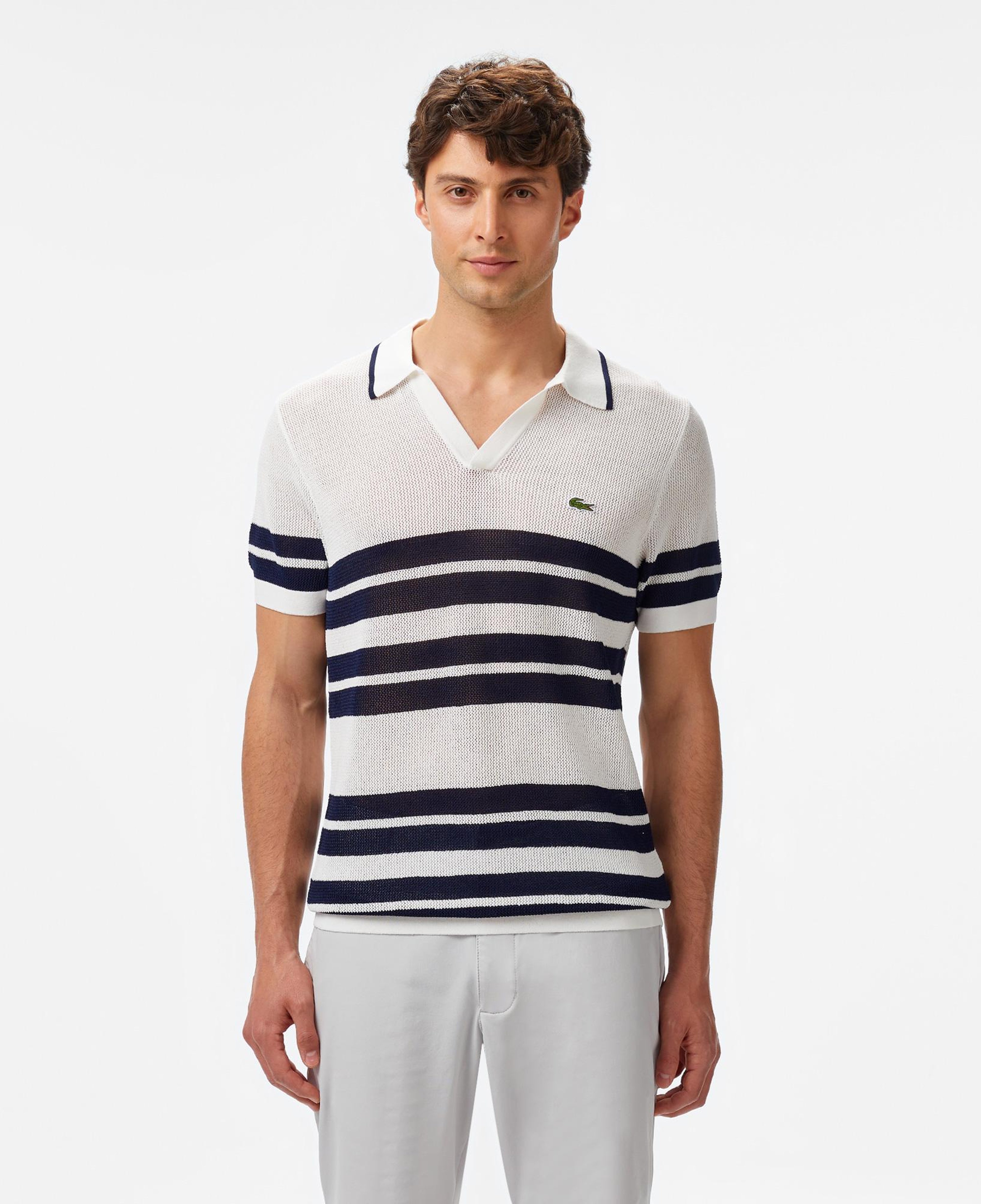 Erkek Classic Fit Kısa Kollu Polo Yaka Çizgili Beyaz Triko