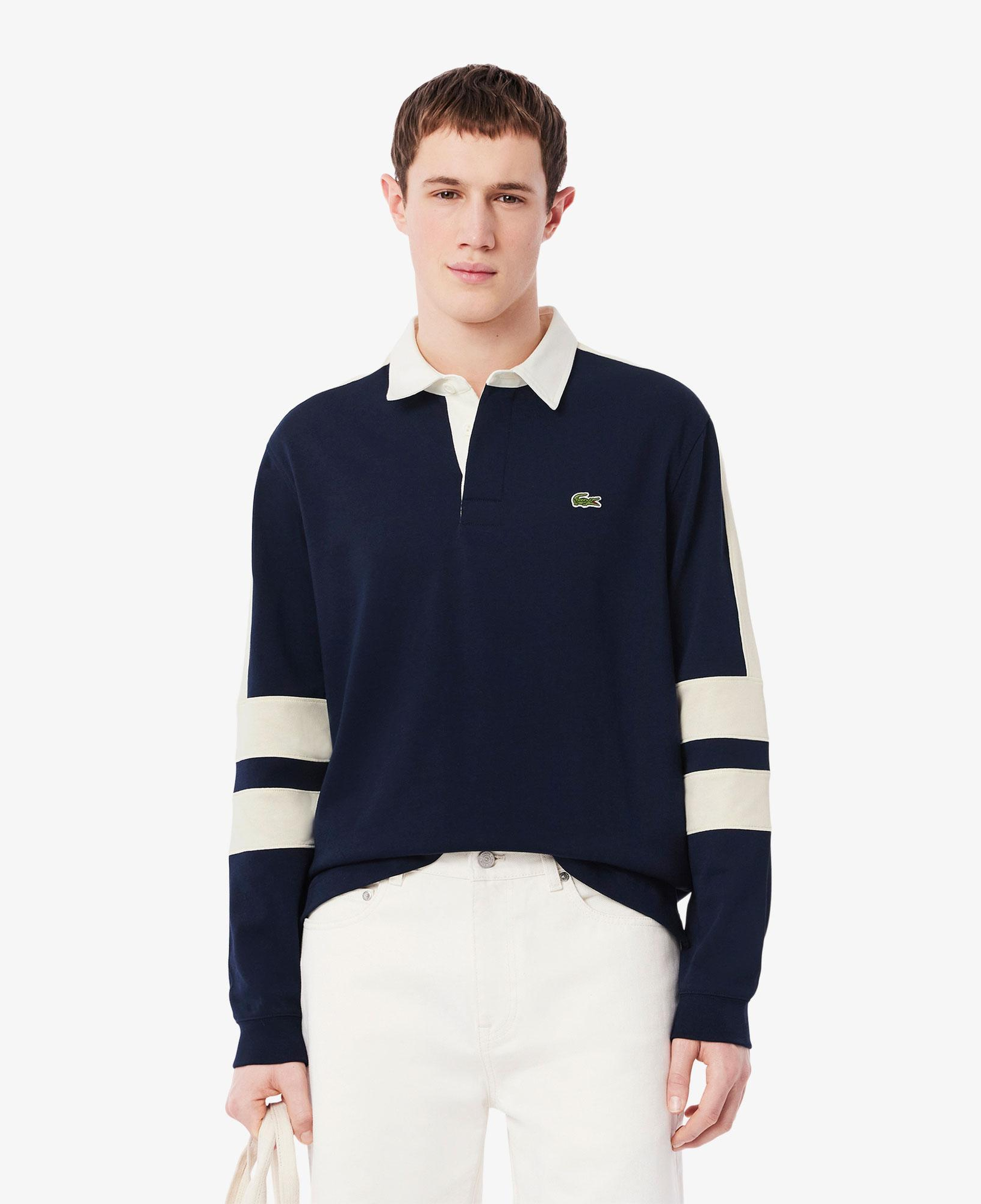 Erkek Classic Fit Uzun Kollu Polo Yaka Renk Bloklu Lacivert Rugby Polo