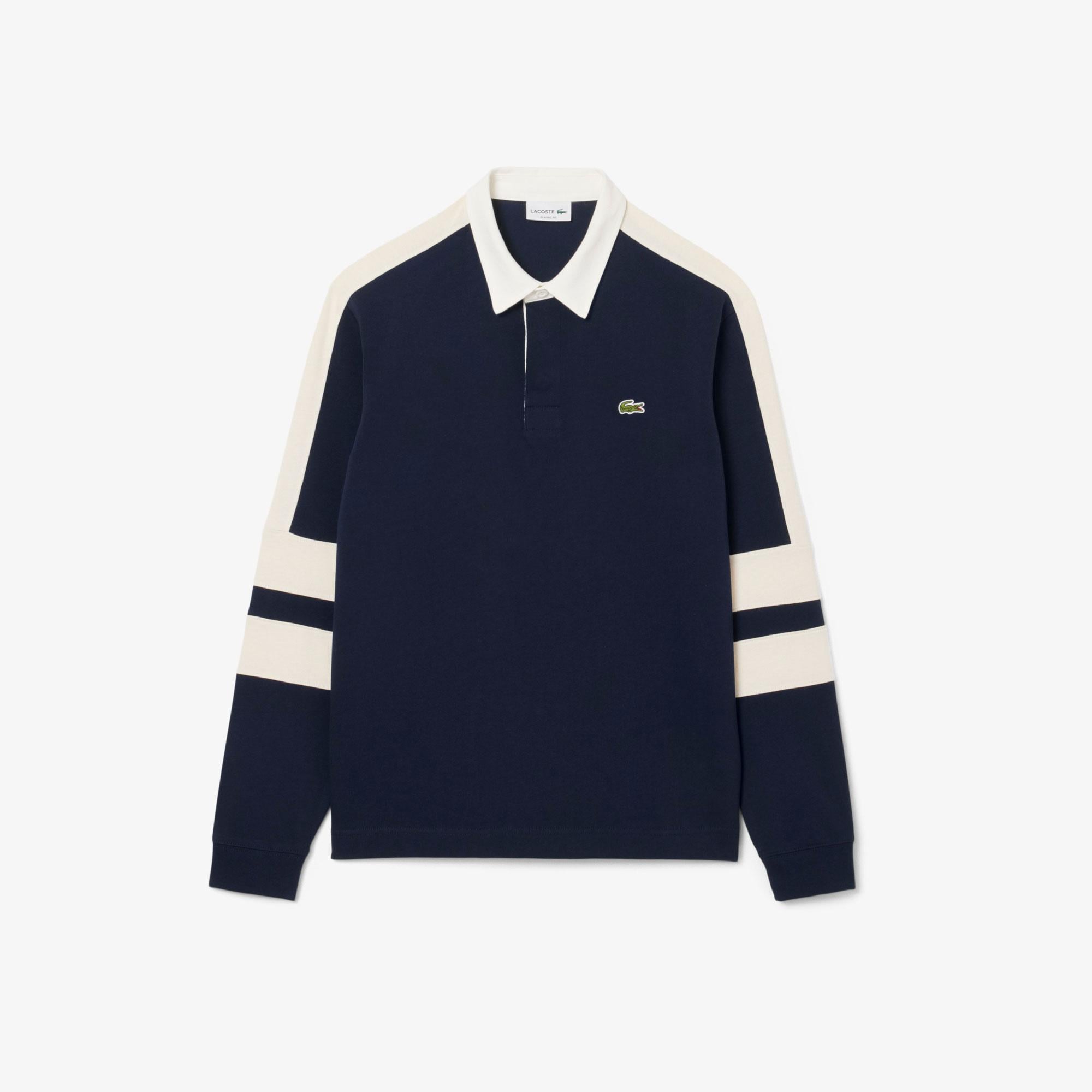 Erkek Classic Fit Uzun Kollu Polo Yaka Renk Bloklu Lacivert Rugby Polo