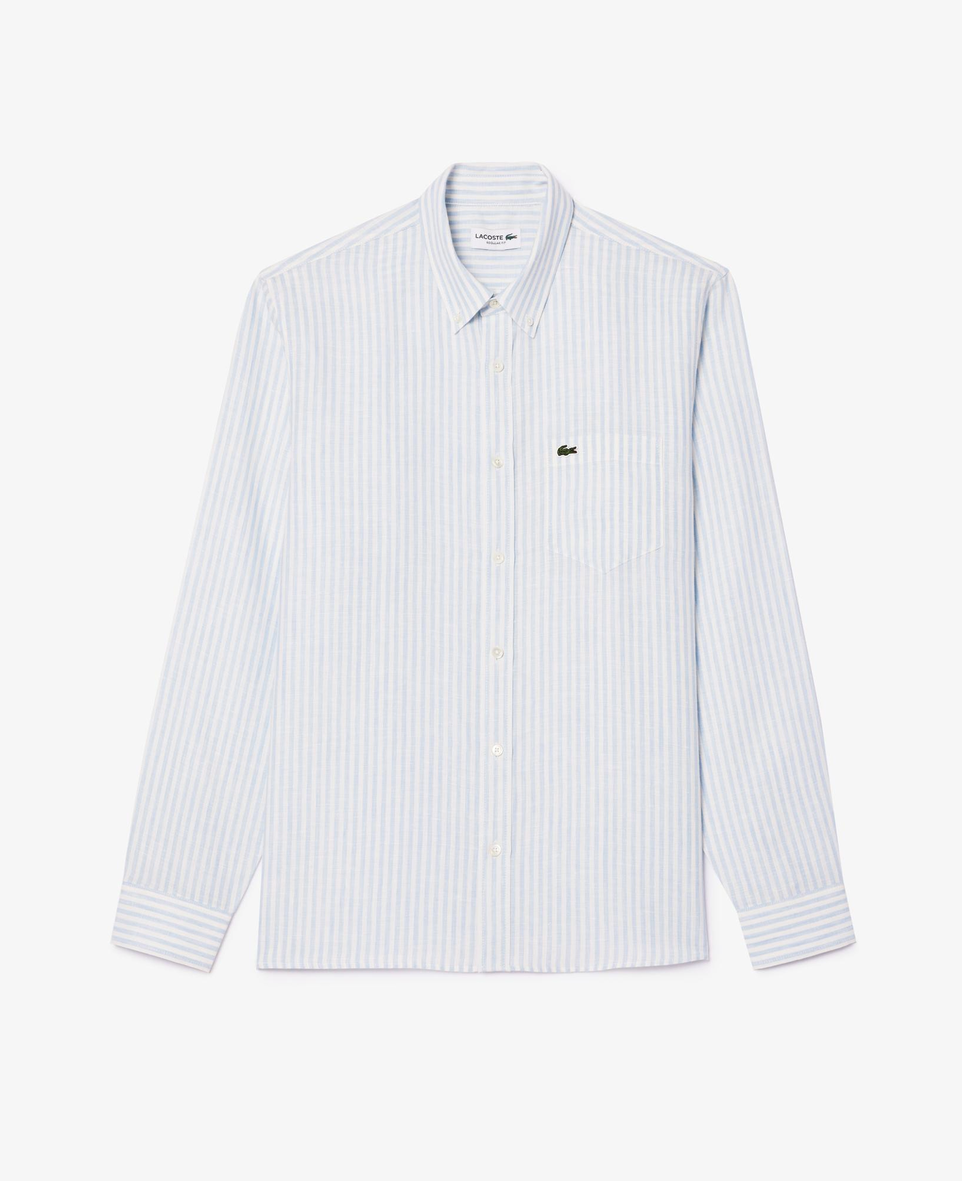Lacoste Erkek Regular Fit Düğmeli Yaka Çizgili Keten Açık Mavi Gömlek