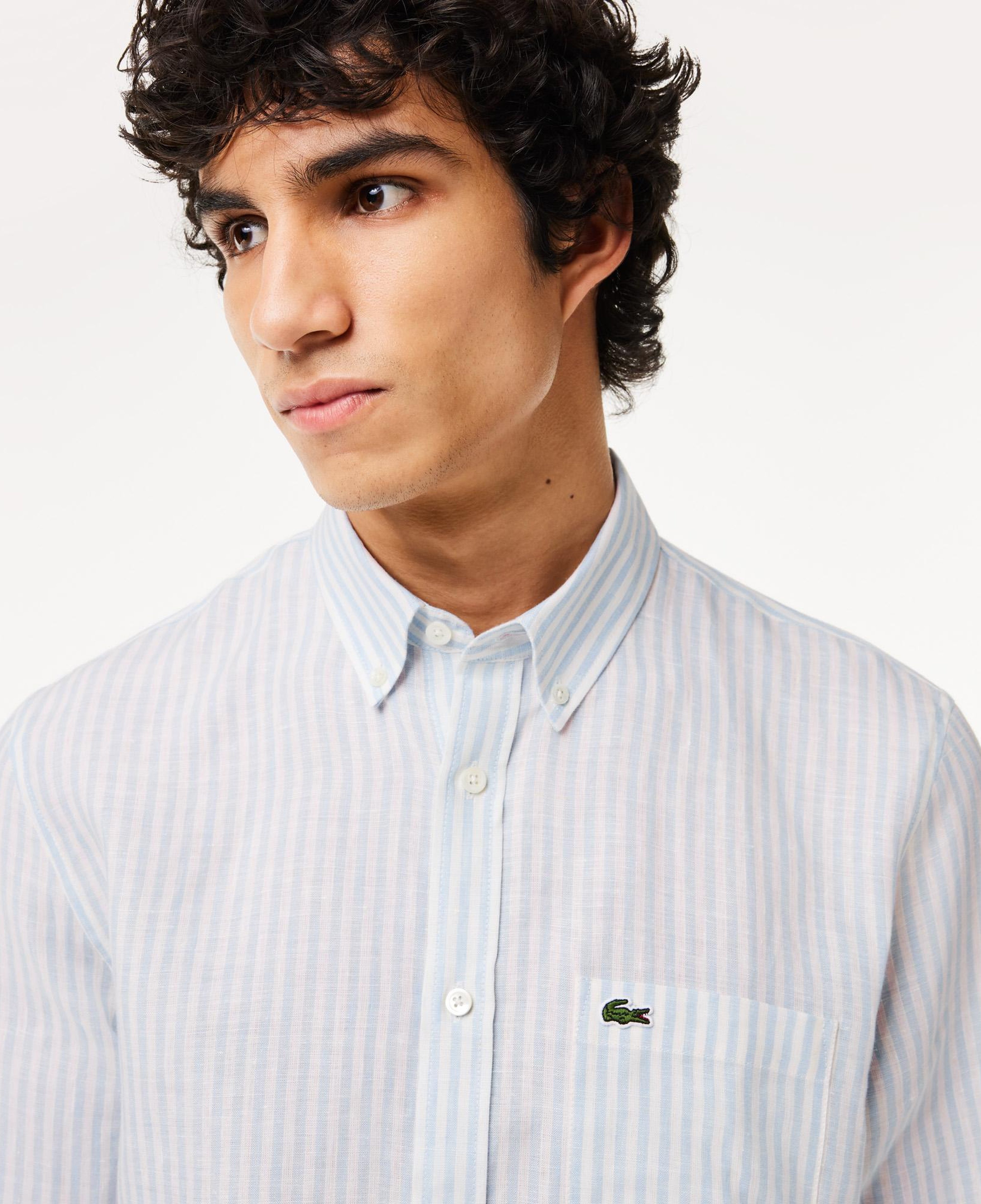 Lacoste Erkek Regular Fit Düğmeli Yaka Çizgili Keten Açık Mavi Gömlek