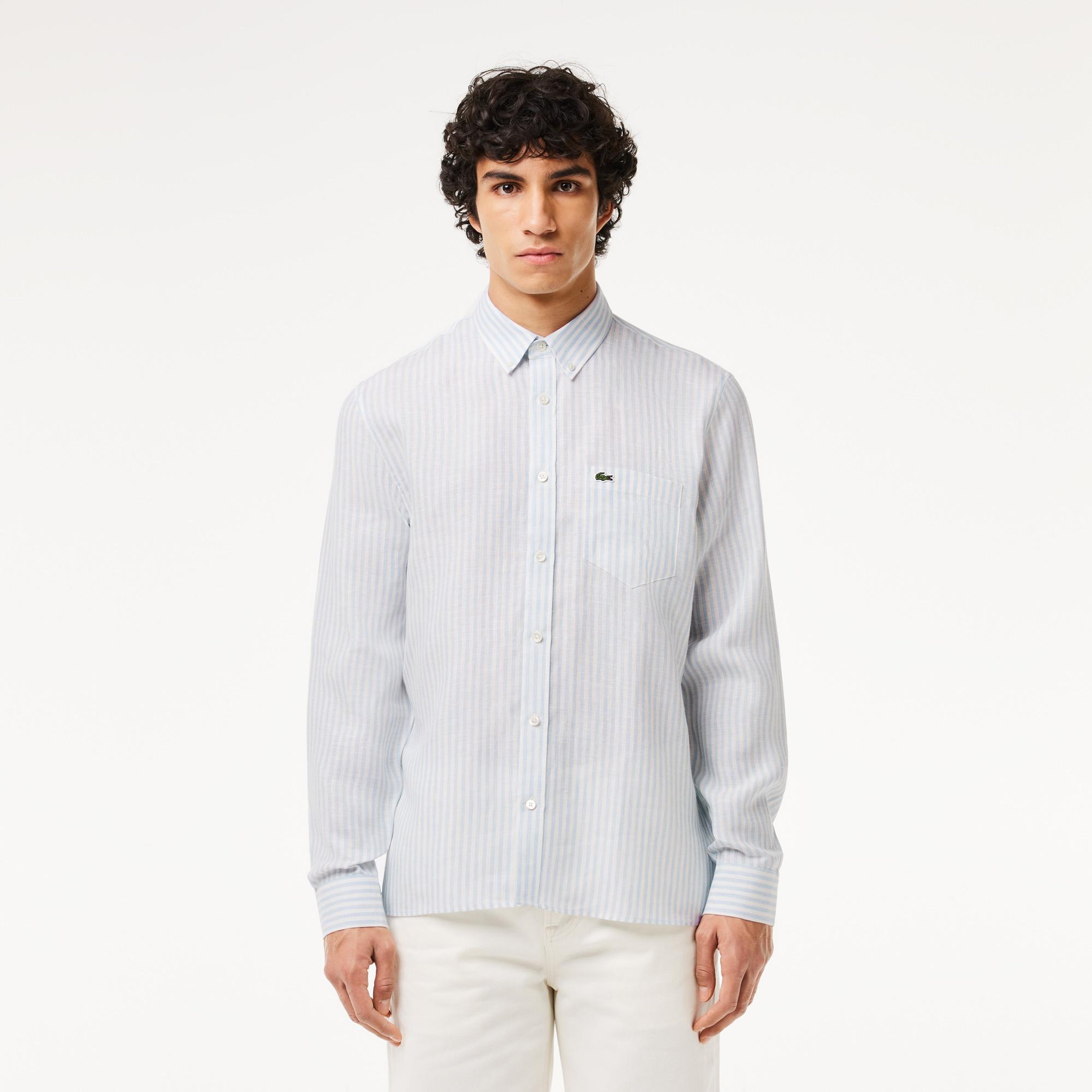Lacoste Erkek Regular Fit Düğmeli Yaka Çizgili Keten Açık Mavi Gömlek
