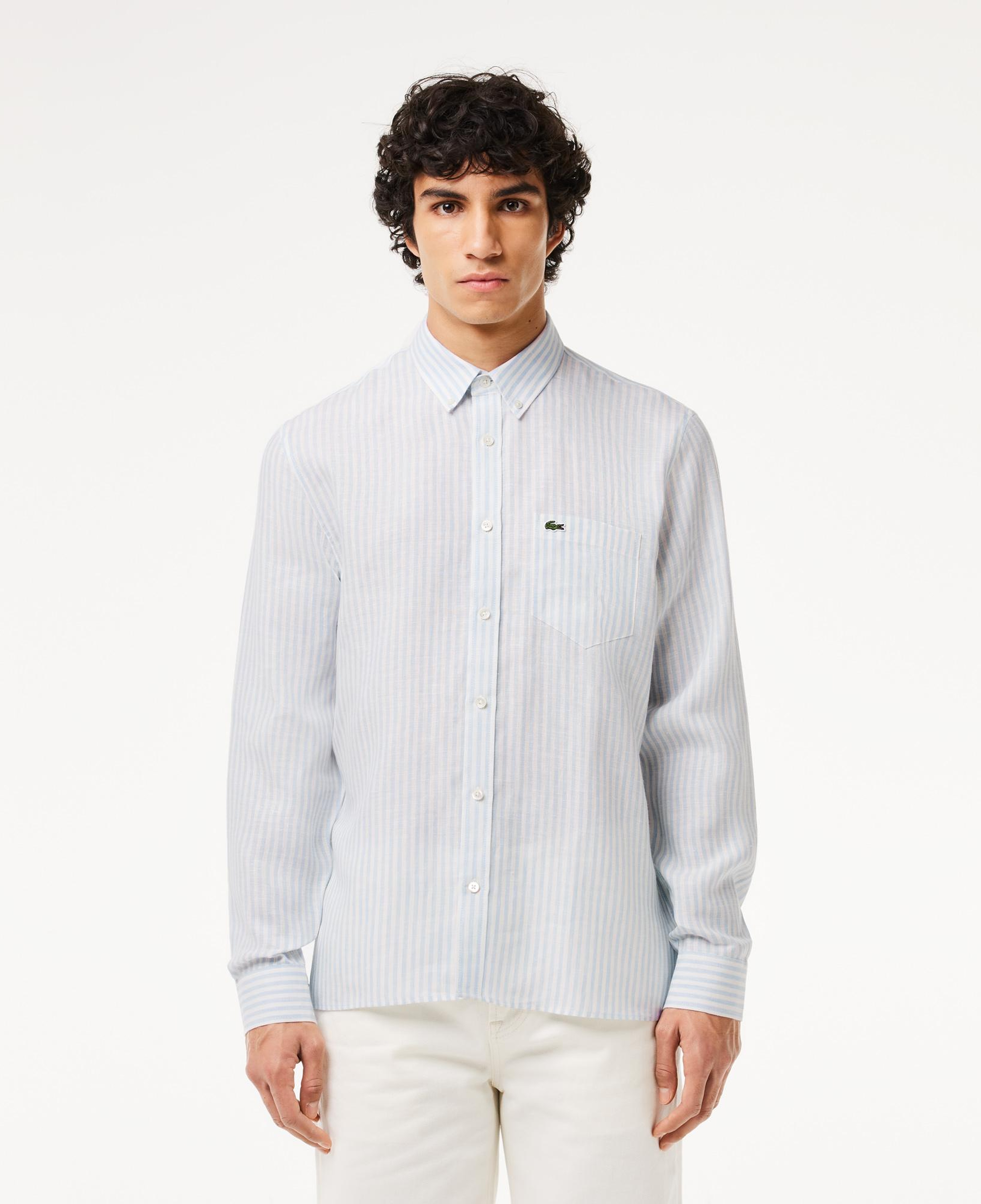 Lacoste Erkek Regular Fit Düğmeli Yaka Çizgili Keten Açık Mavi Gömlek