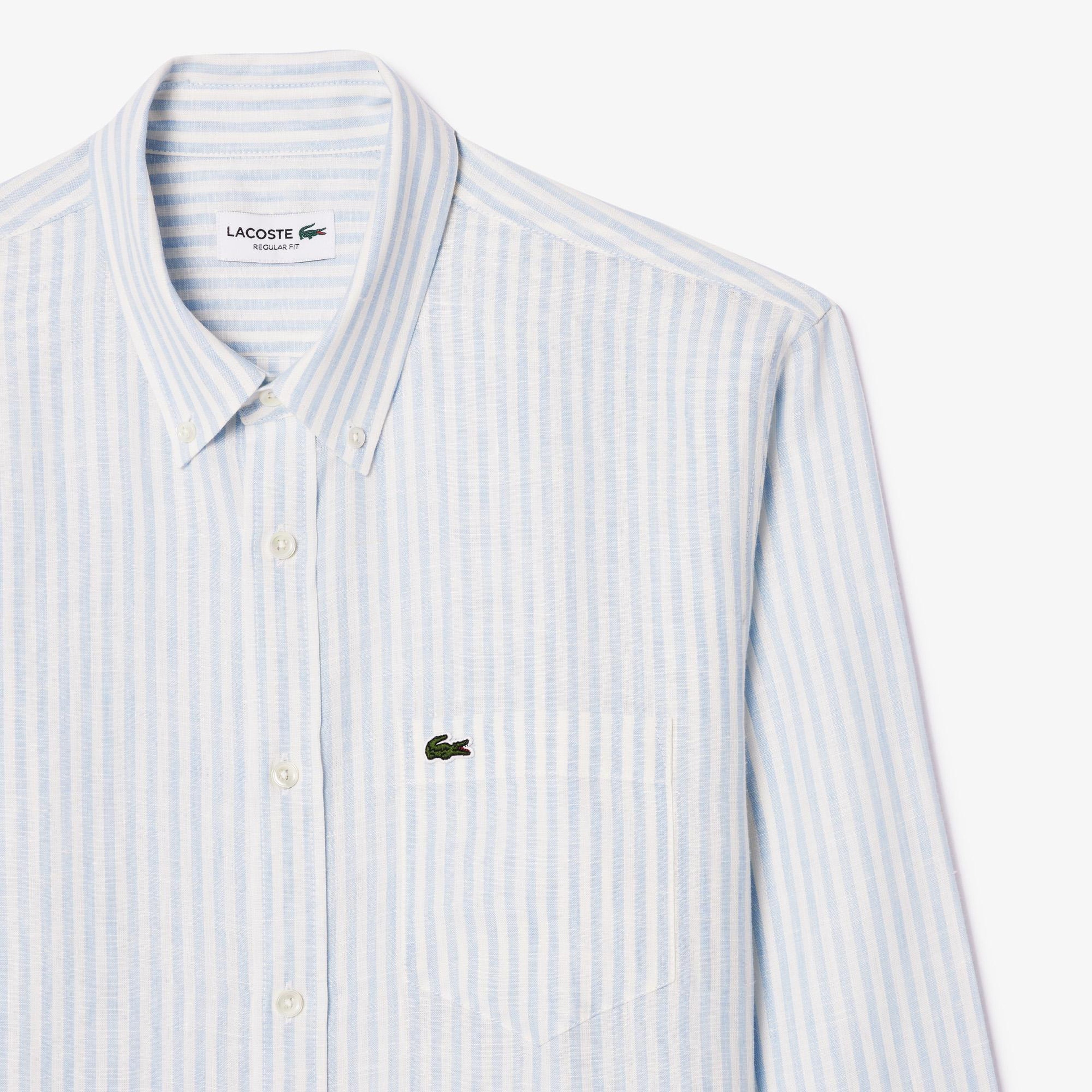 Lacoste Erkek Regular Fit Düğmeli Yaka Çizgili Keten Açık Mavi Gömlek