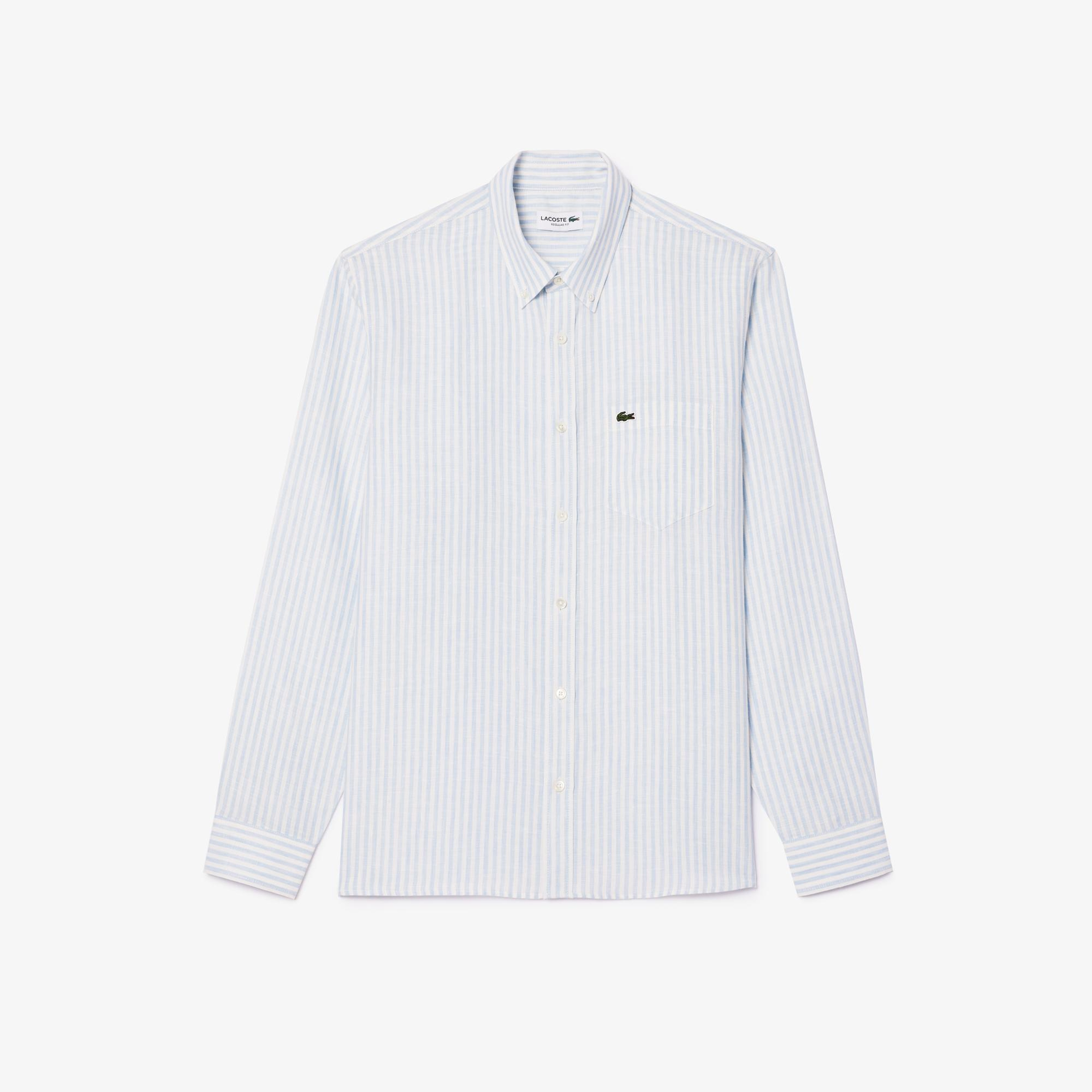 Lacoste Erkek Regular Fit Düğmeli Yaka Çizgili Keten Açık Mavi Gömlek
