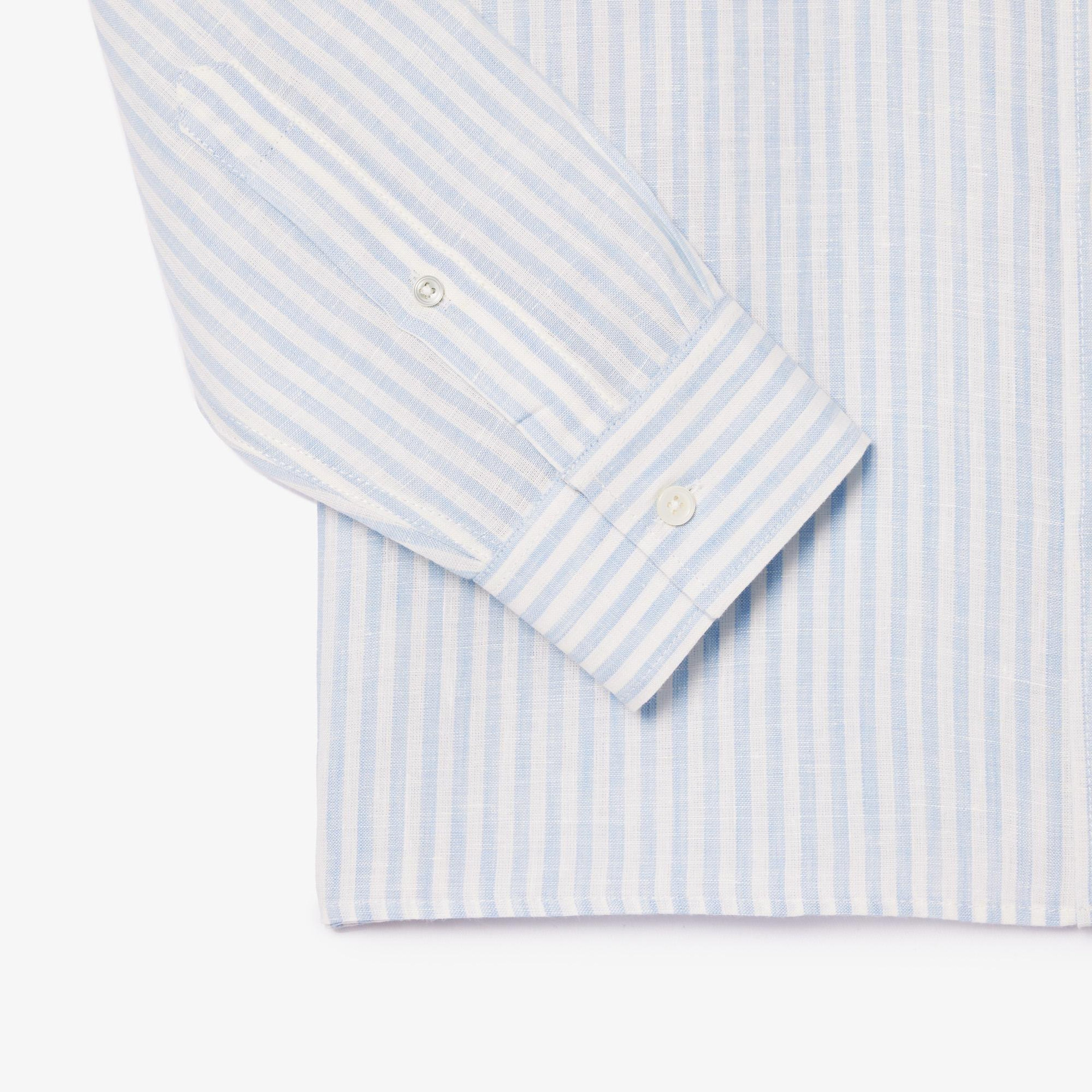 Lacoste Erkek Regular Fit Düğmeli Yaka Çizgili Keten Açık Mavi Gömlek
