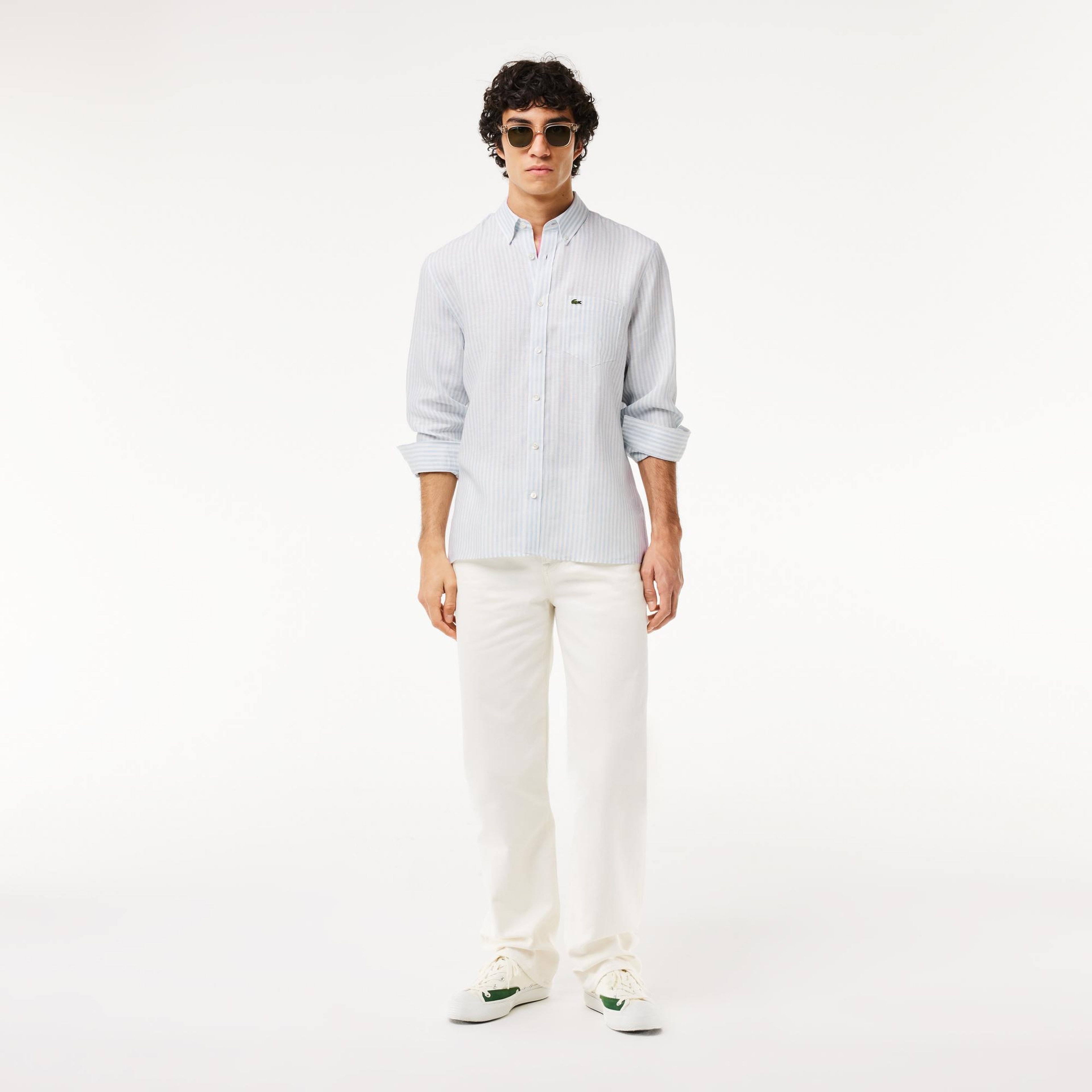 Lacoste Erkek Regular Fit Düğmeli Yaka Çizgili Keten Açık Mavi Gömlek