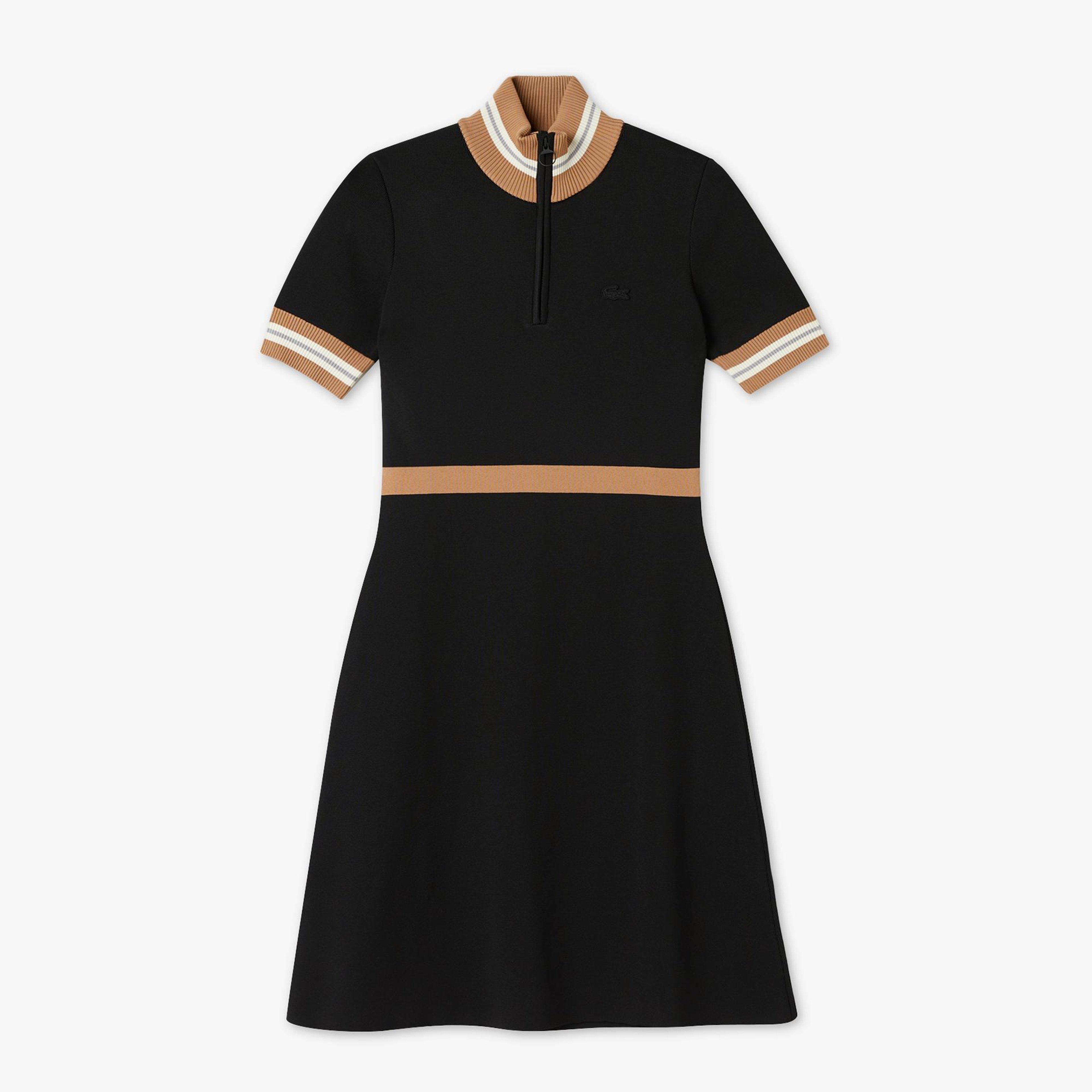 Kadın Flare Fit Kısa Kollu Dik Yaka Siyah Elbise