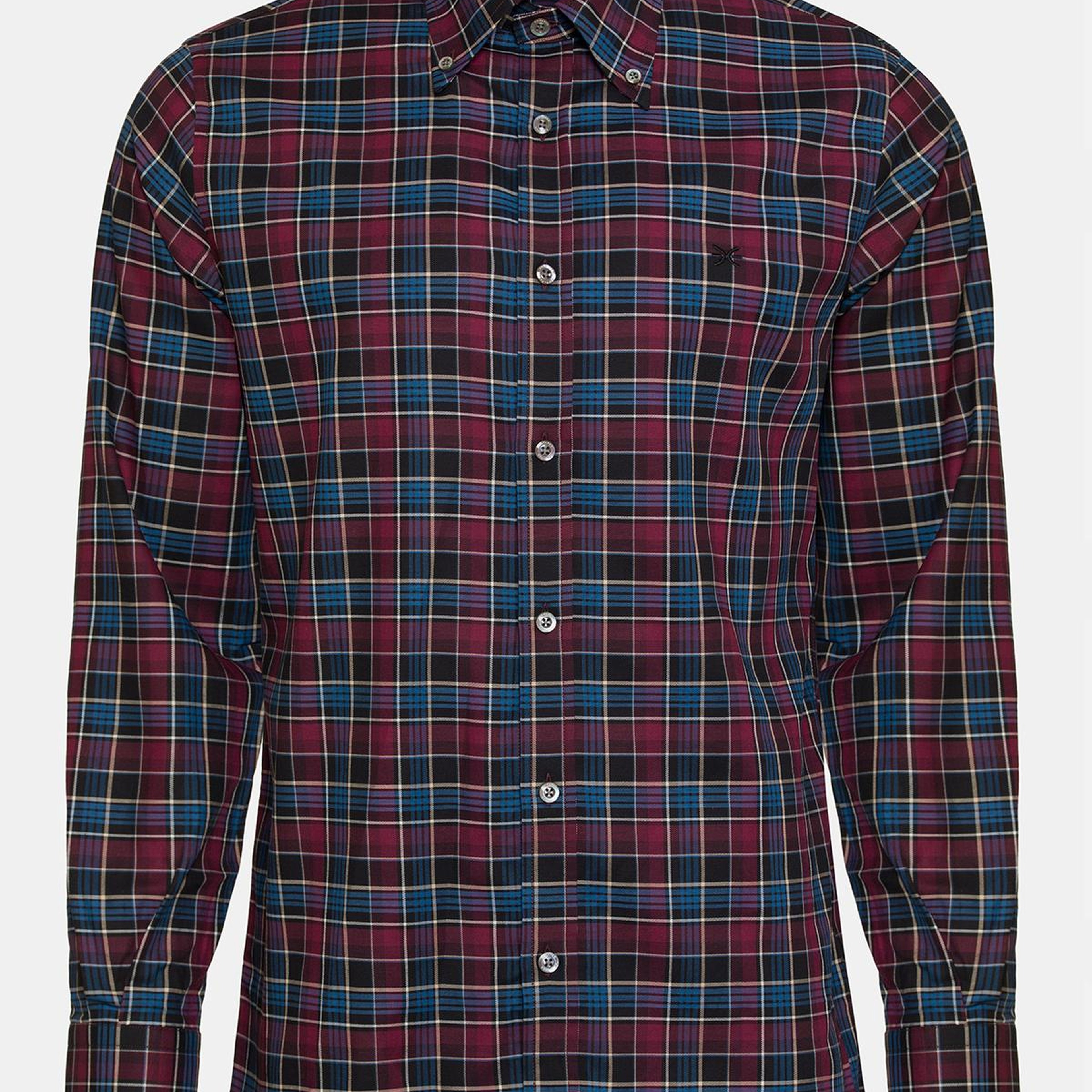 Erkek Bordo Cooper Fit Düğmeli Yaka Ekoseli Twill Gömlek