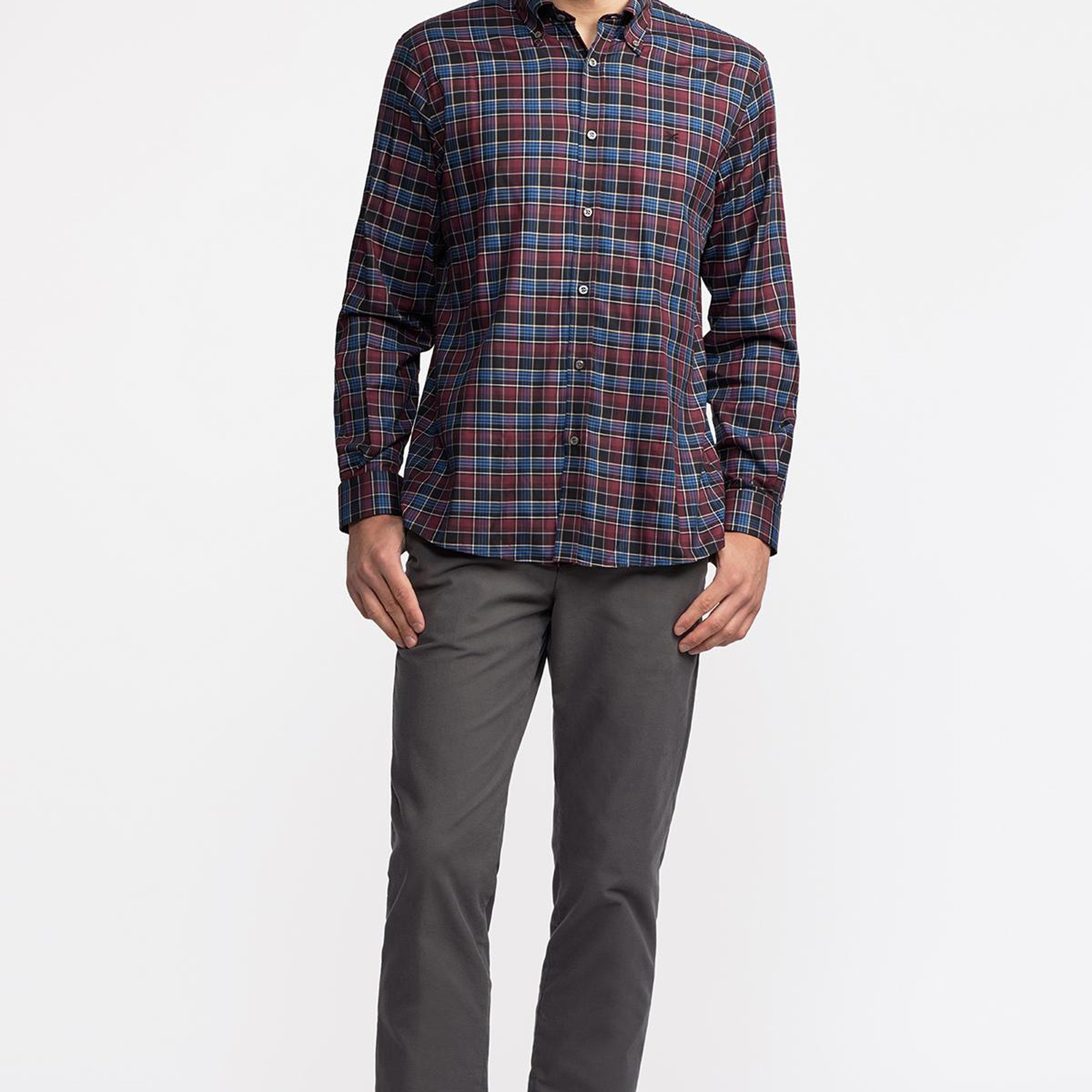 Erkek Bordo Cooper Fit Düğmeli Yaka Ekoseli Twill Gömlek