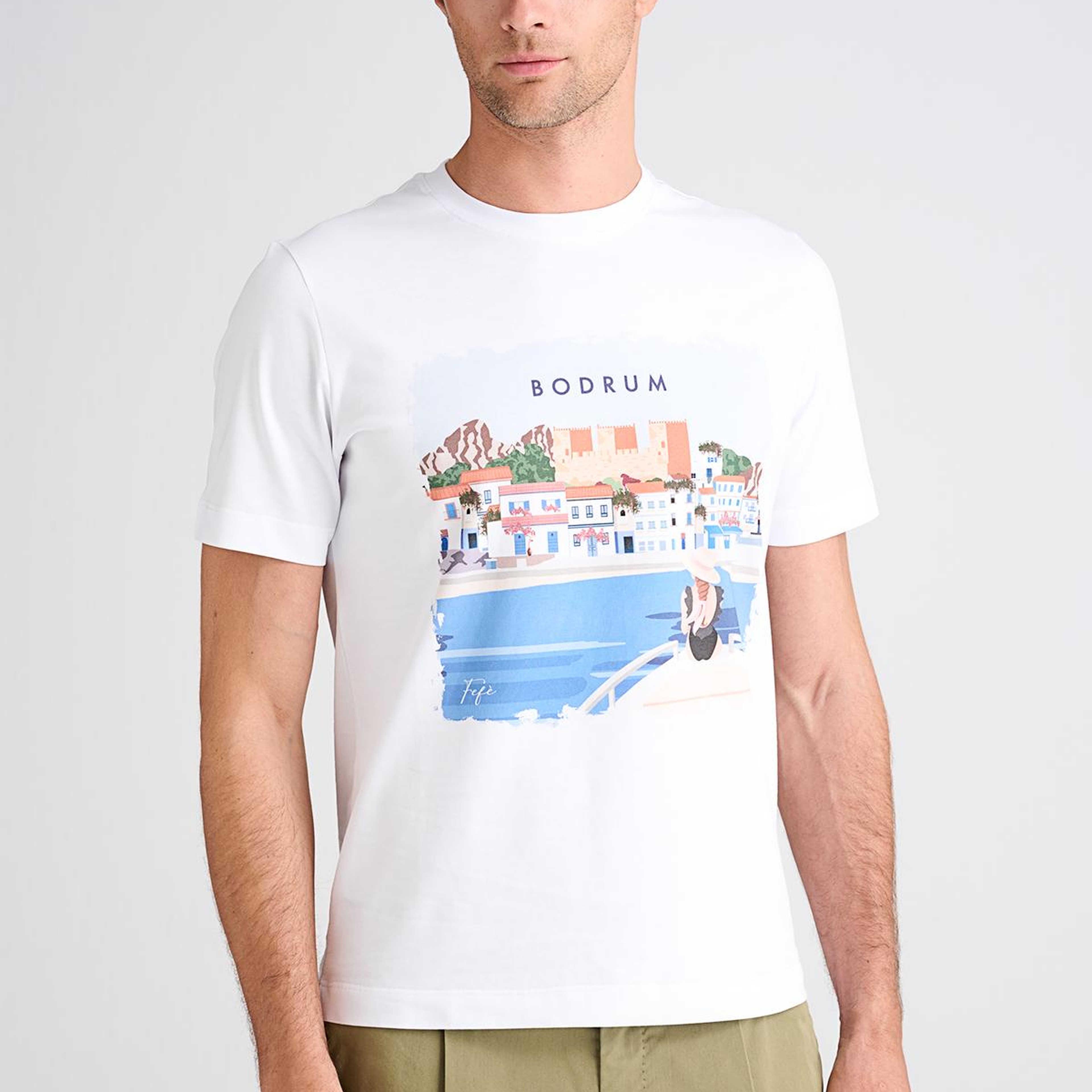 Erkek Beyaz Bodrum Desenli T-Shirt