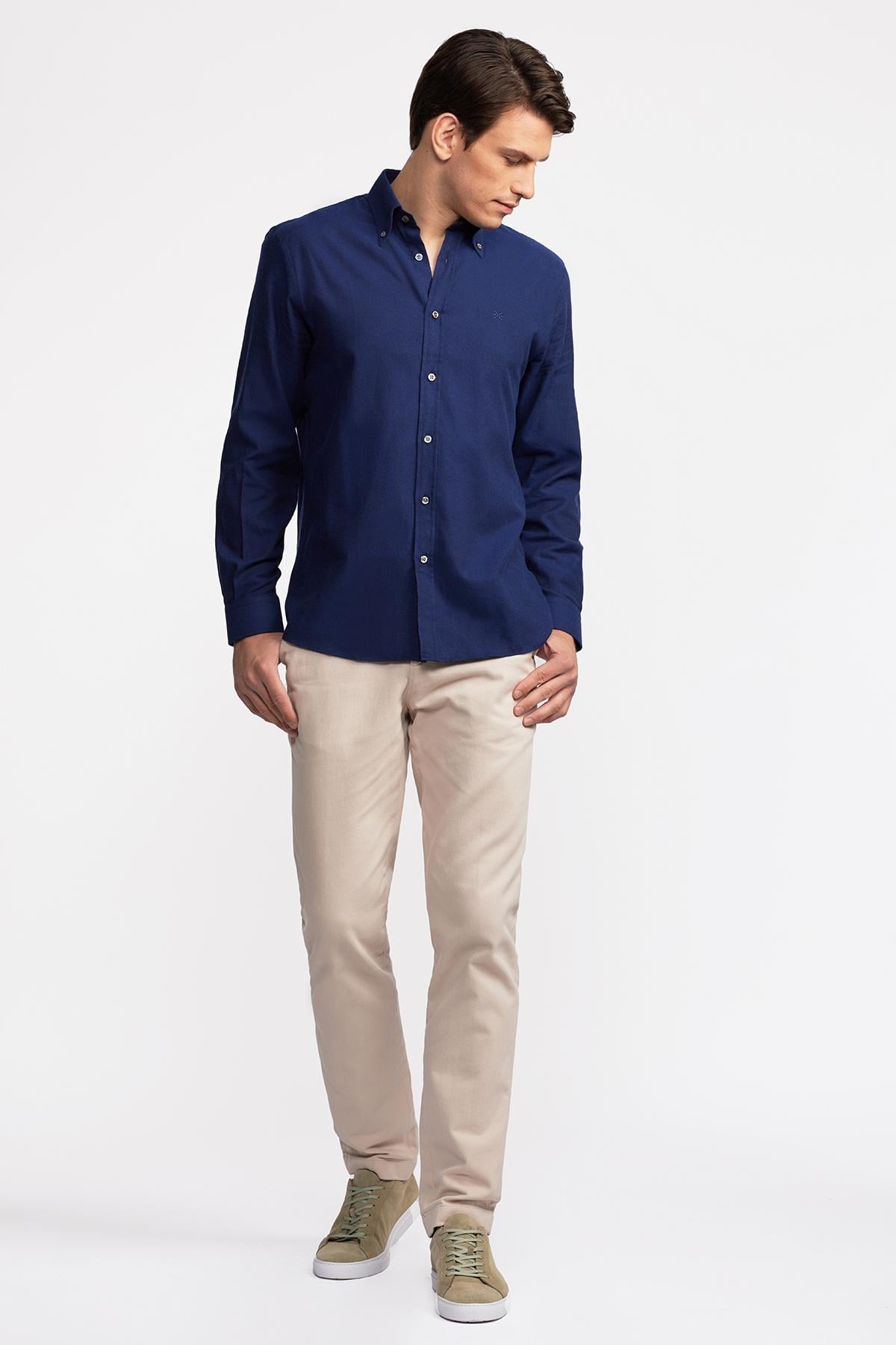 Erkek Lacivert Cooper Fit Düğmeli Yaka Flannel Gömlek
