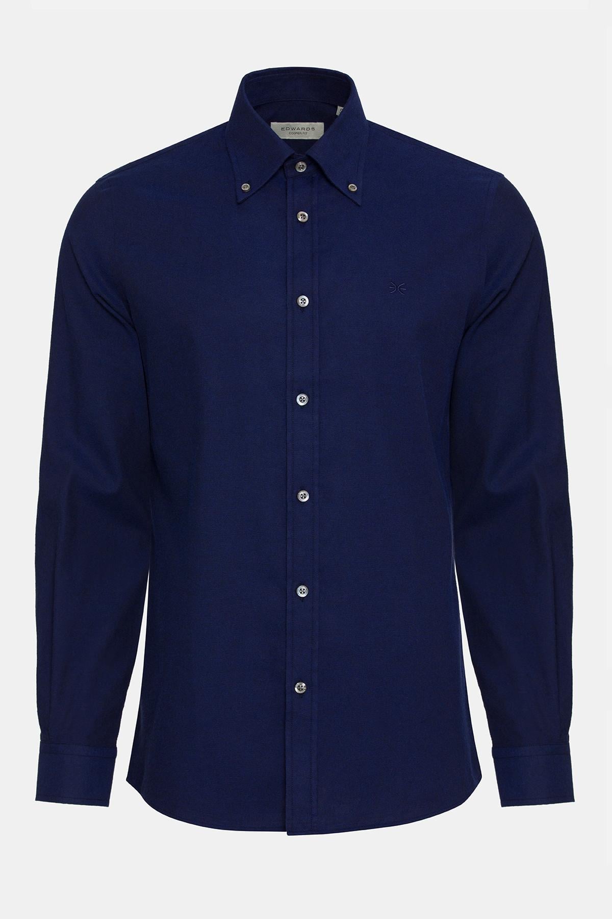 Erkek Lacivert Cooper Fit Düğmeli Yaka Flannel Gömlek
