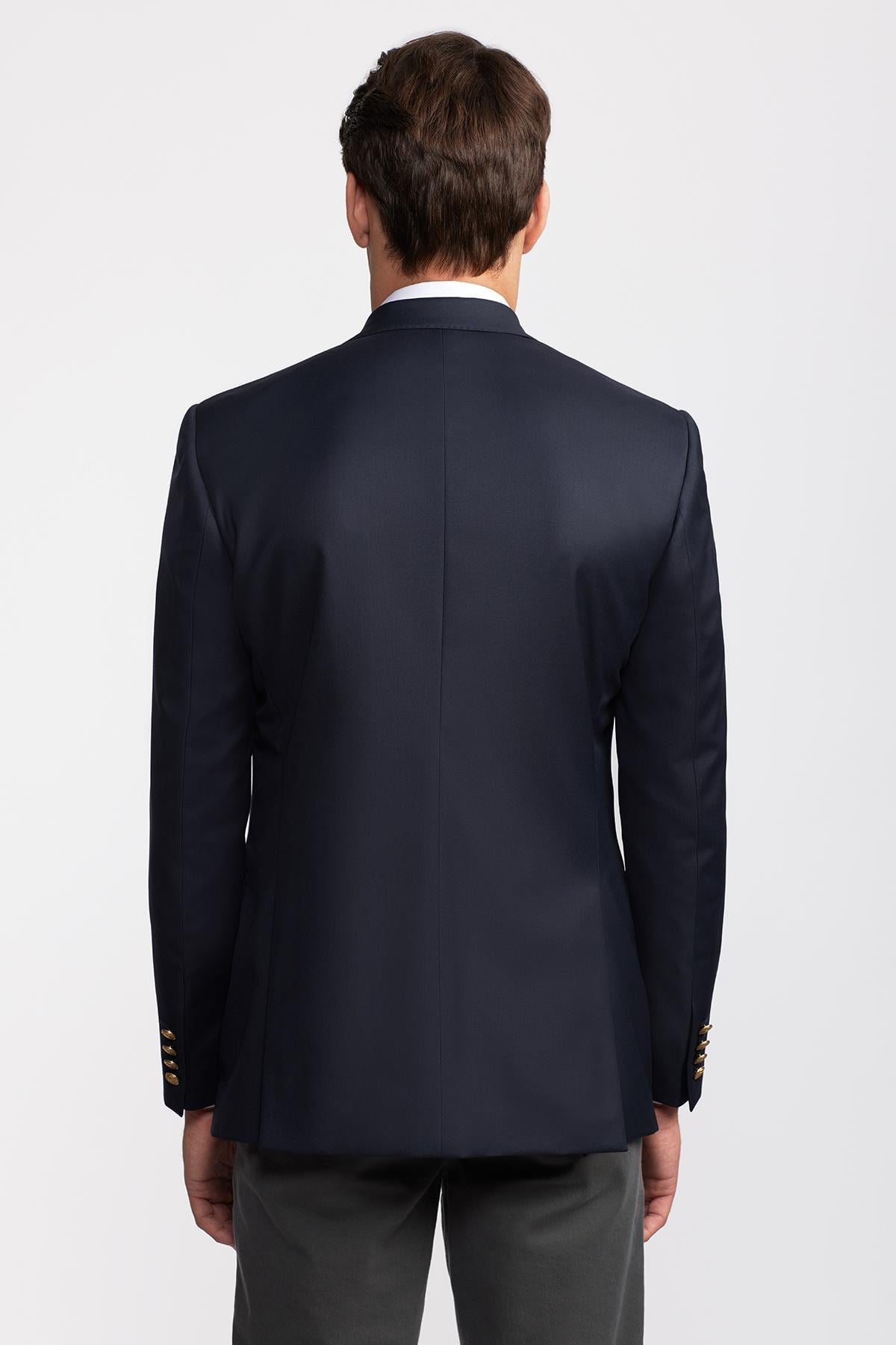 Erkek Lacivert Mono Yaka Yün Delfino Blazer Ceket
