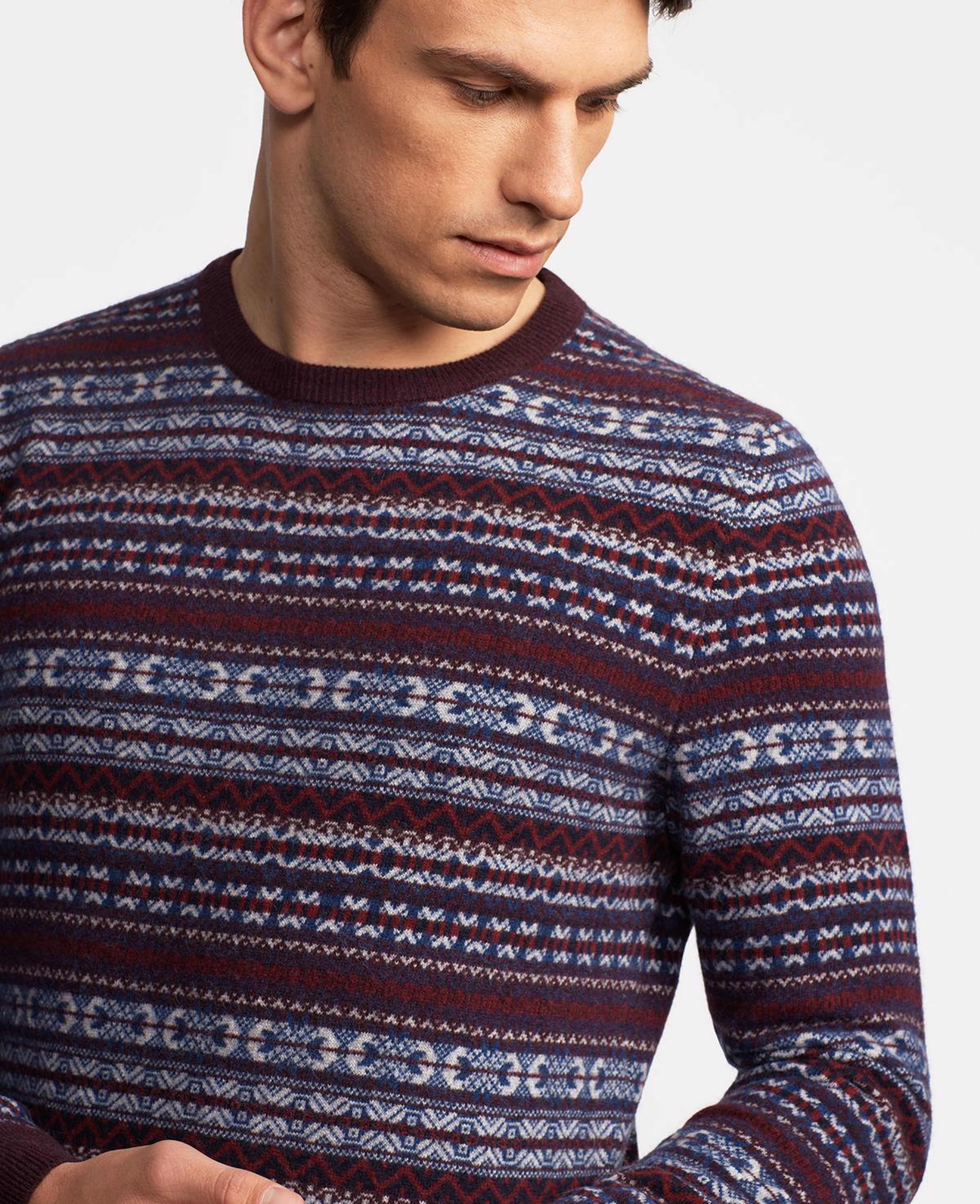 Erkek Bordo Bisiklet Yaka Desenli Lambswool Kazak