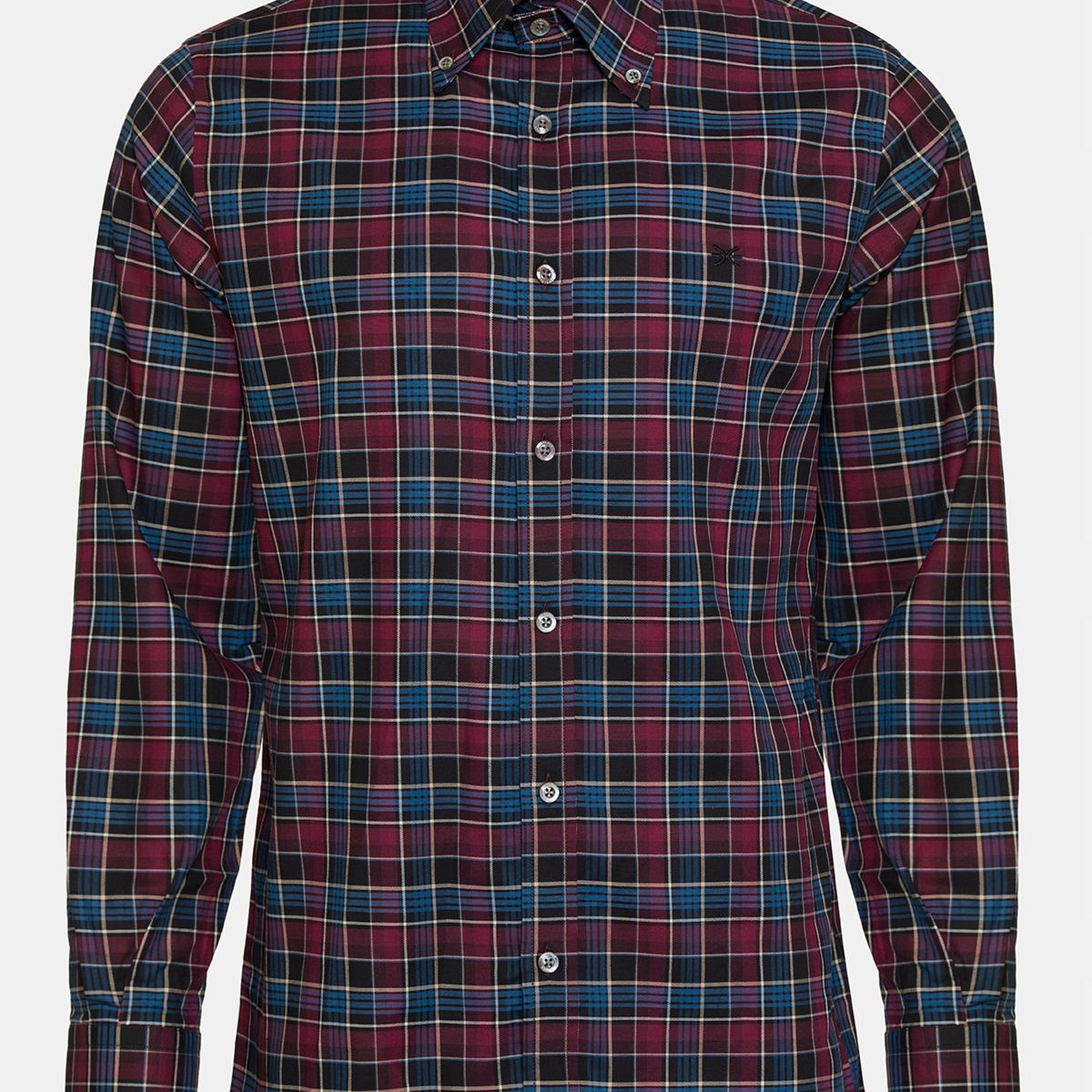 Erkek Bordo Cooper Fit Düğmeli Yaka Ekoseli Twill Gömlek