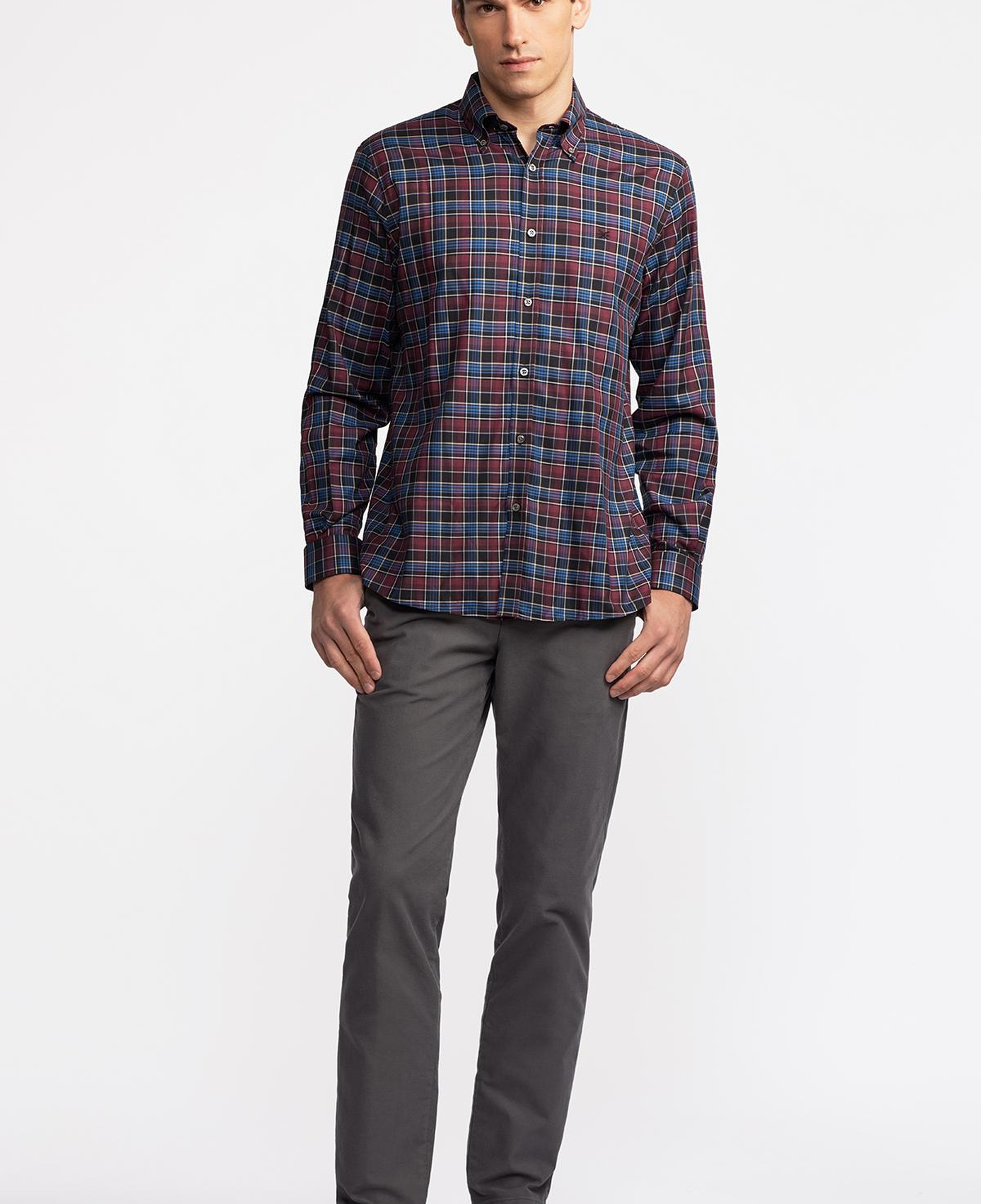 Erkek Bordo Cooper Fit Düğmeli Yaka Ekoseli Twill Gömlek