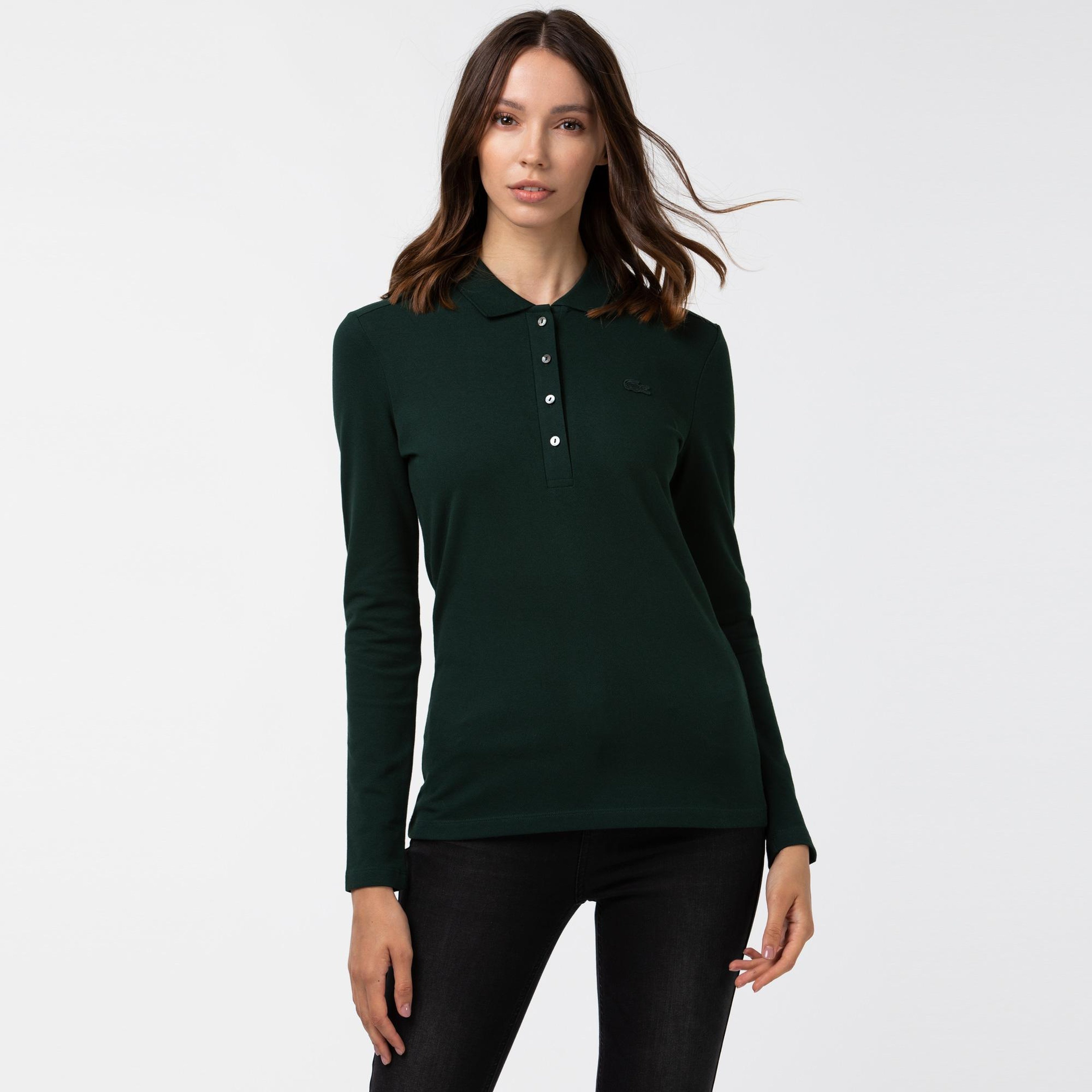 Lacoste Kadın Slim Fit Uzun Kollu Koyu Yeşil Polo