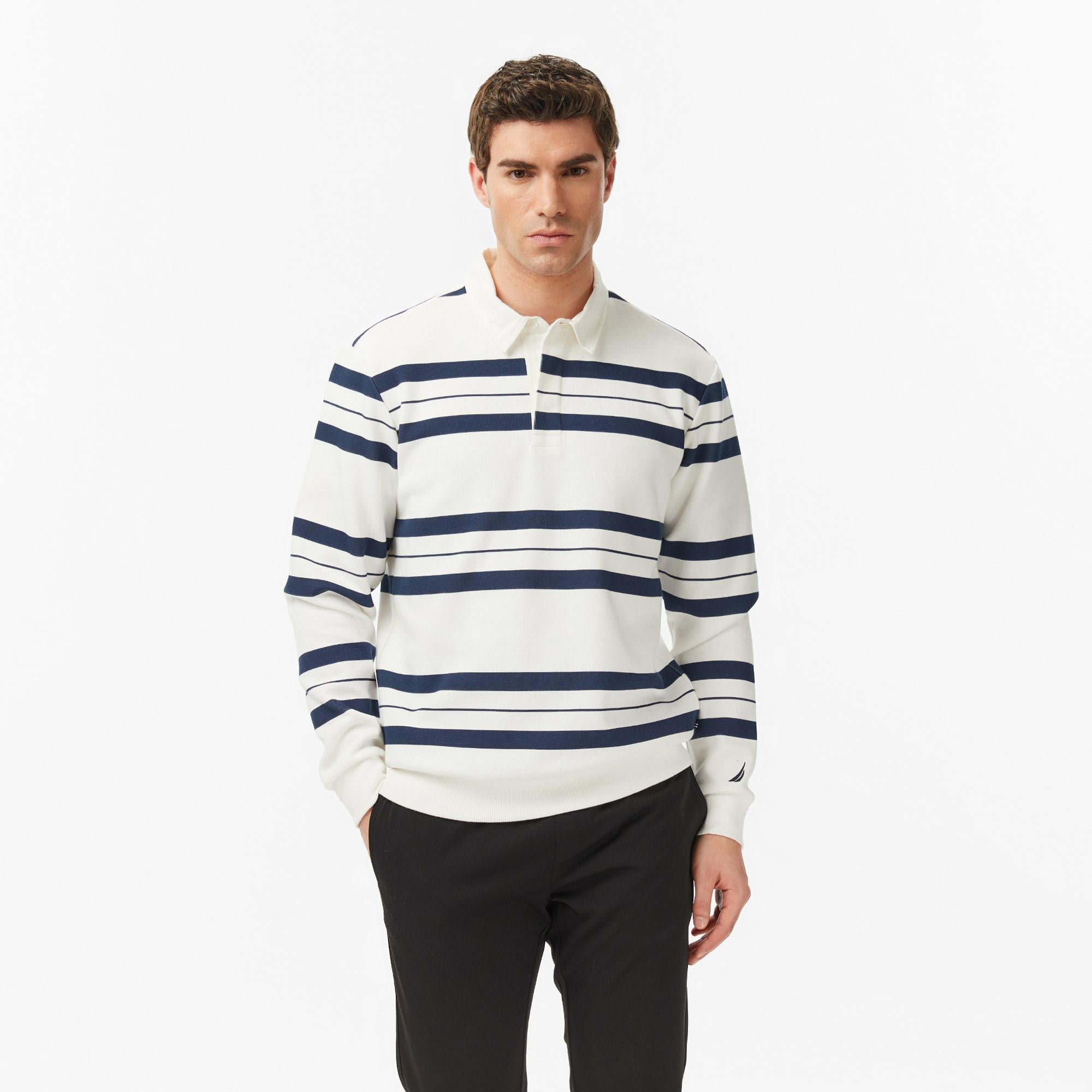 Nautica Erkek Krem Regular Fit Uzun Kollu Çizgili Polo Yaka T-Shirt
