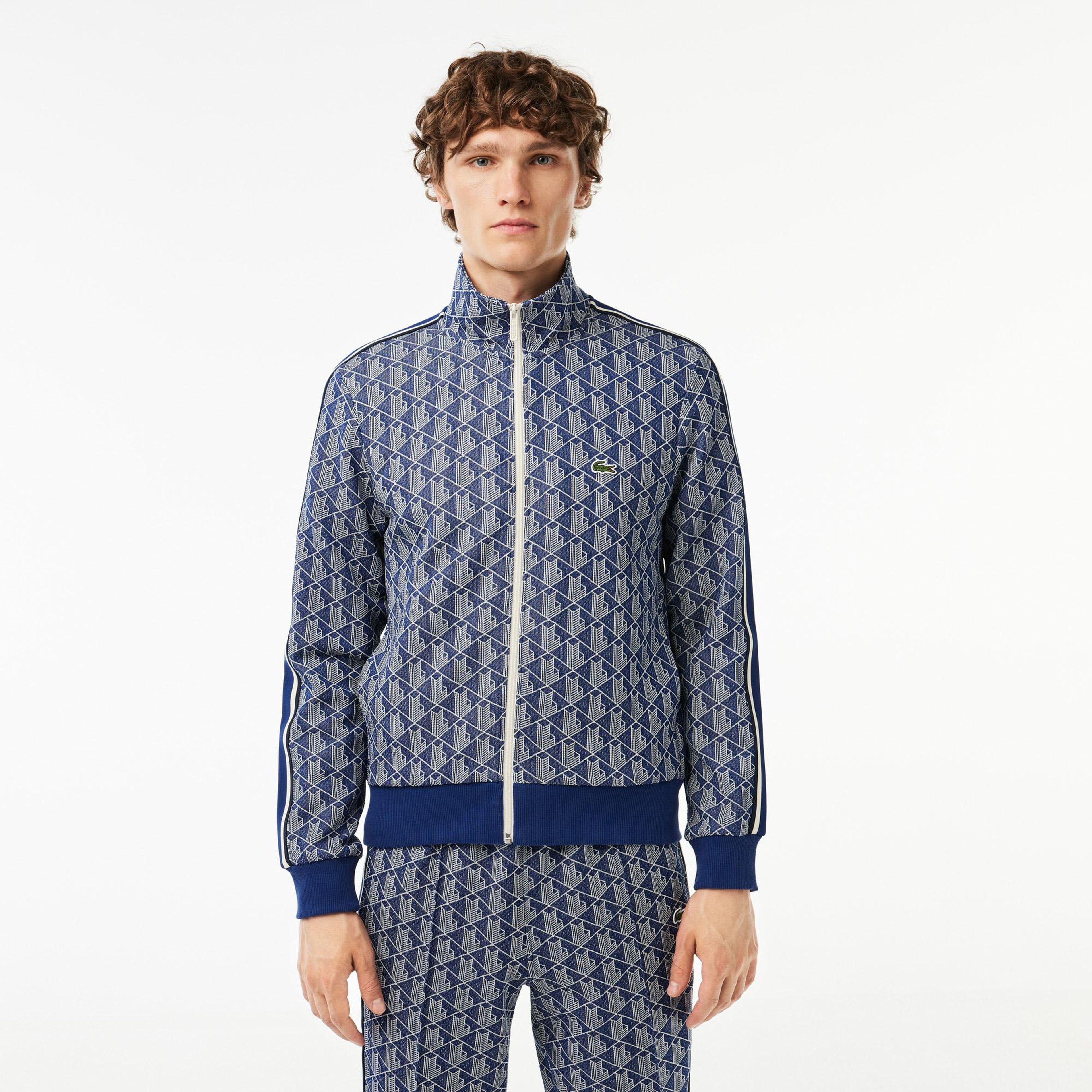 Erkek Regular Fit Fermuarlı Monogram Lacivert Sweatshirt