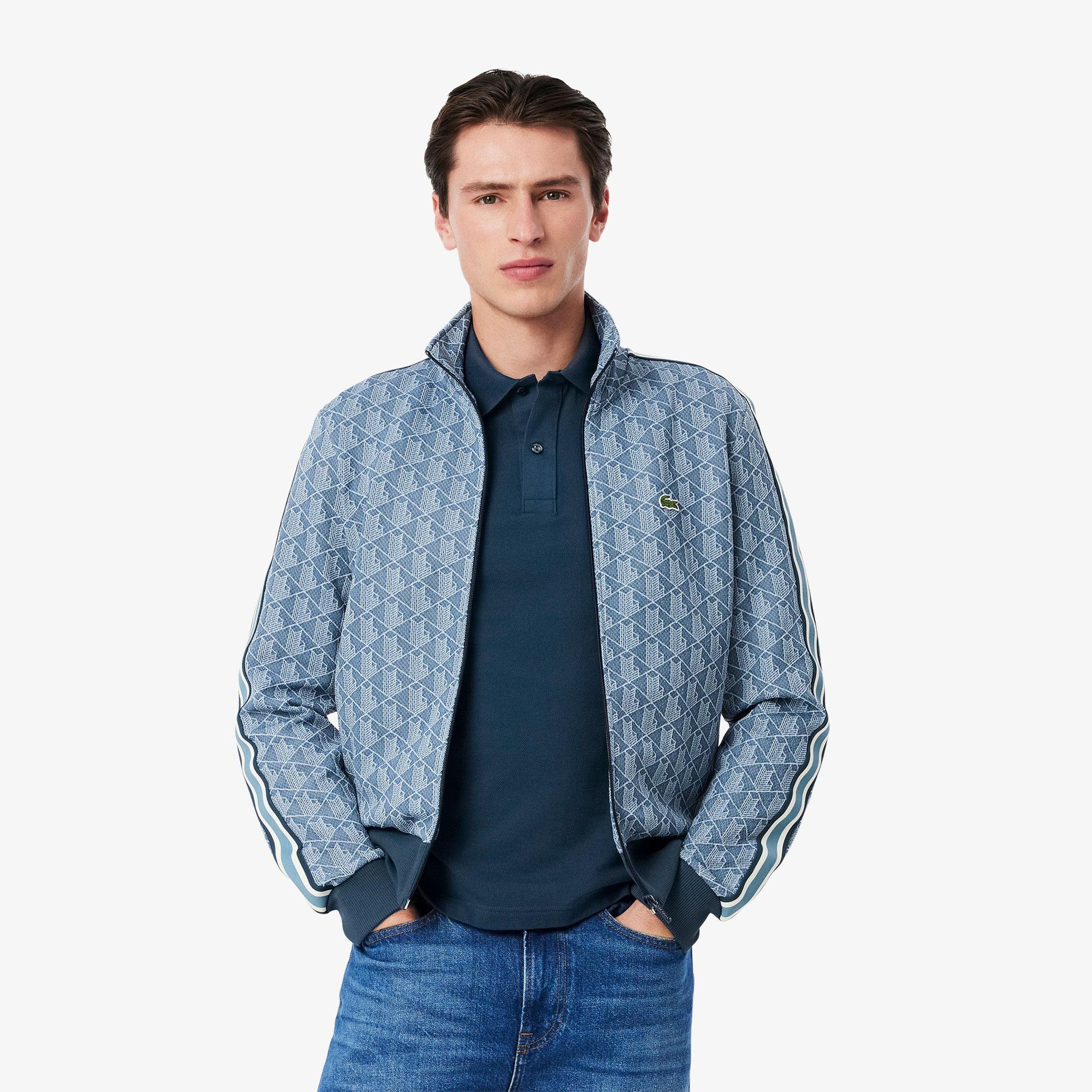Erkek Regular Fit Fermuarlı Monogram Mavi Sweatshirt