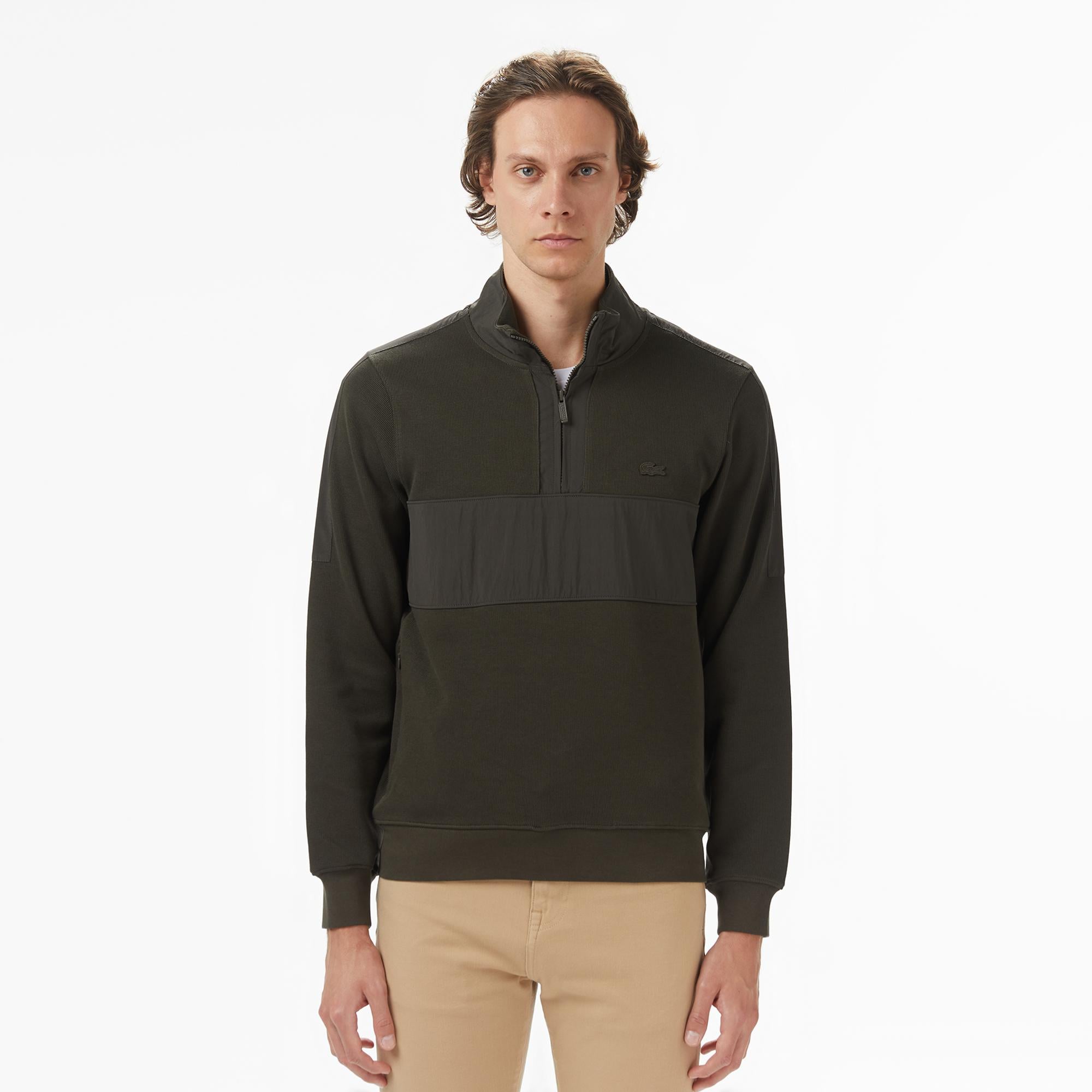 Erkek Classic Fit Yarım Fermuarlı Haki Sweatshirt