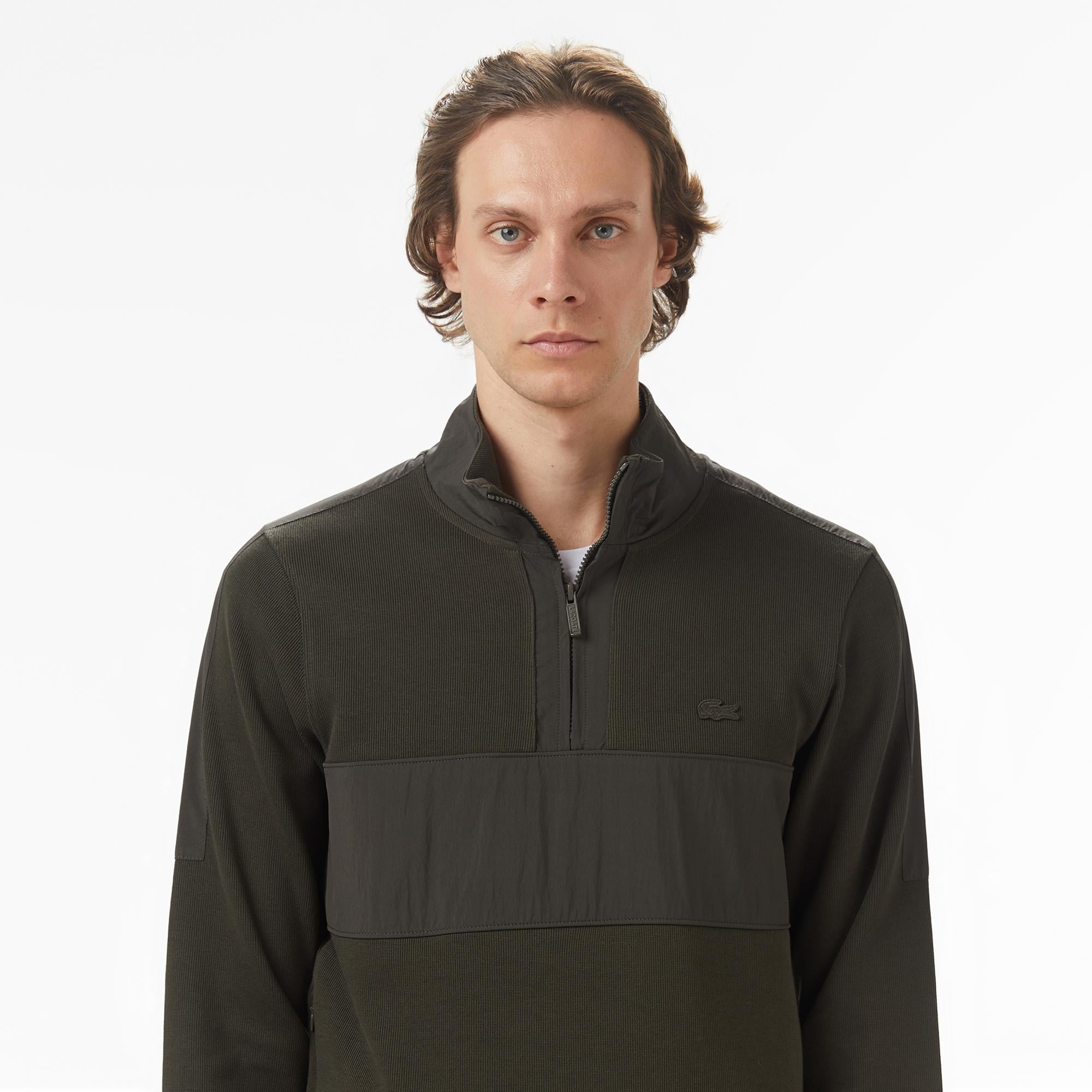 Erkek Classic Fit Yarım Fermuarlı Haki Sweatshirt
