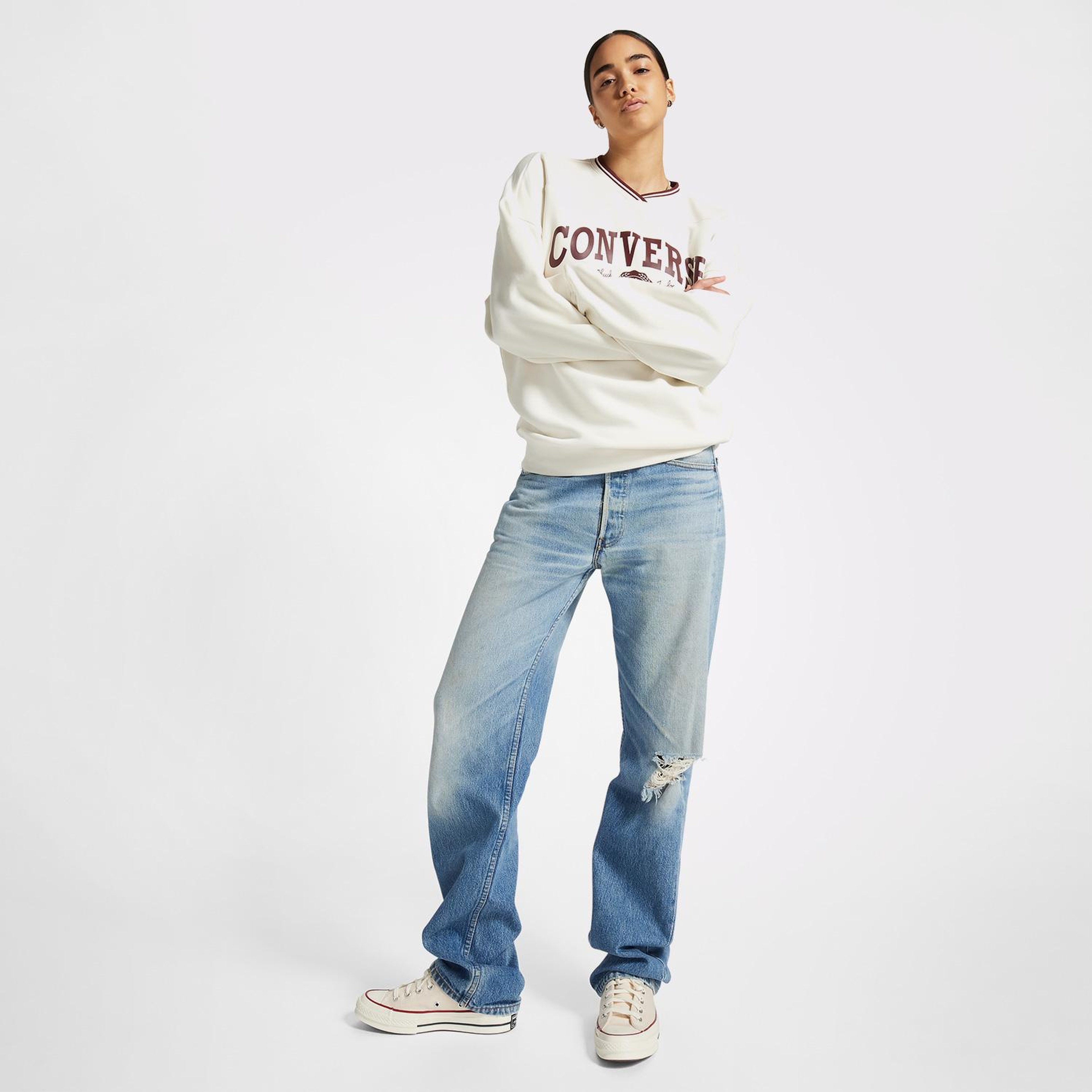 Converse Retro Oversized V-Yaka Kadın Krem Sweatshirt