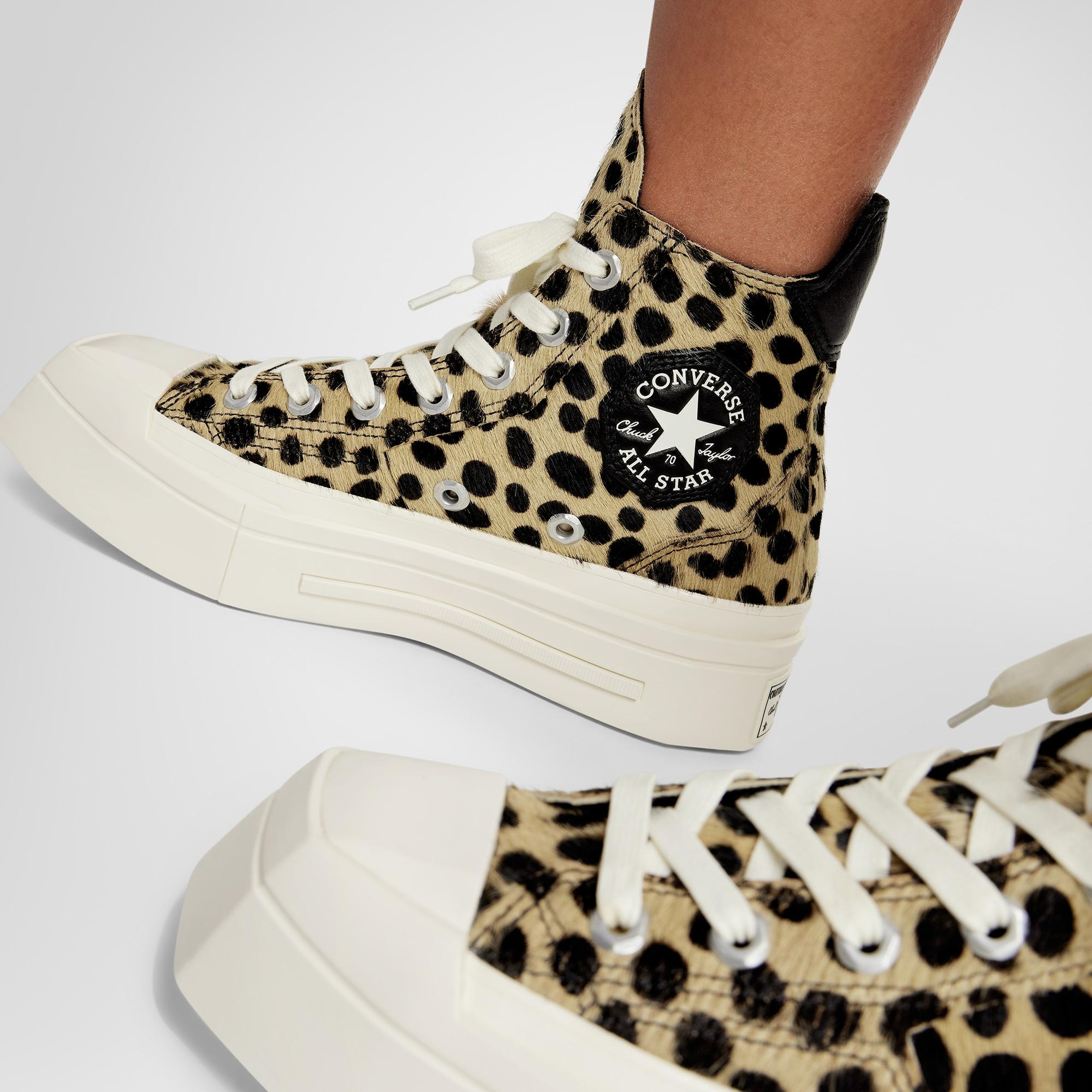 Converse Chuck 70 Leopard Print De Luxe Squared Unisex Siyah Platform Deri Sneaker