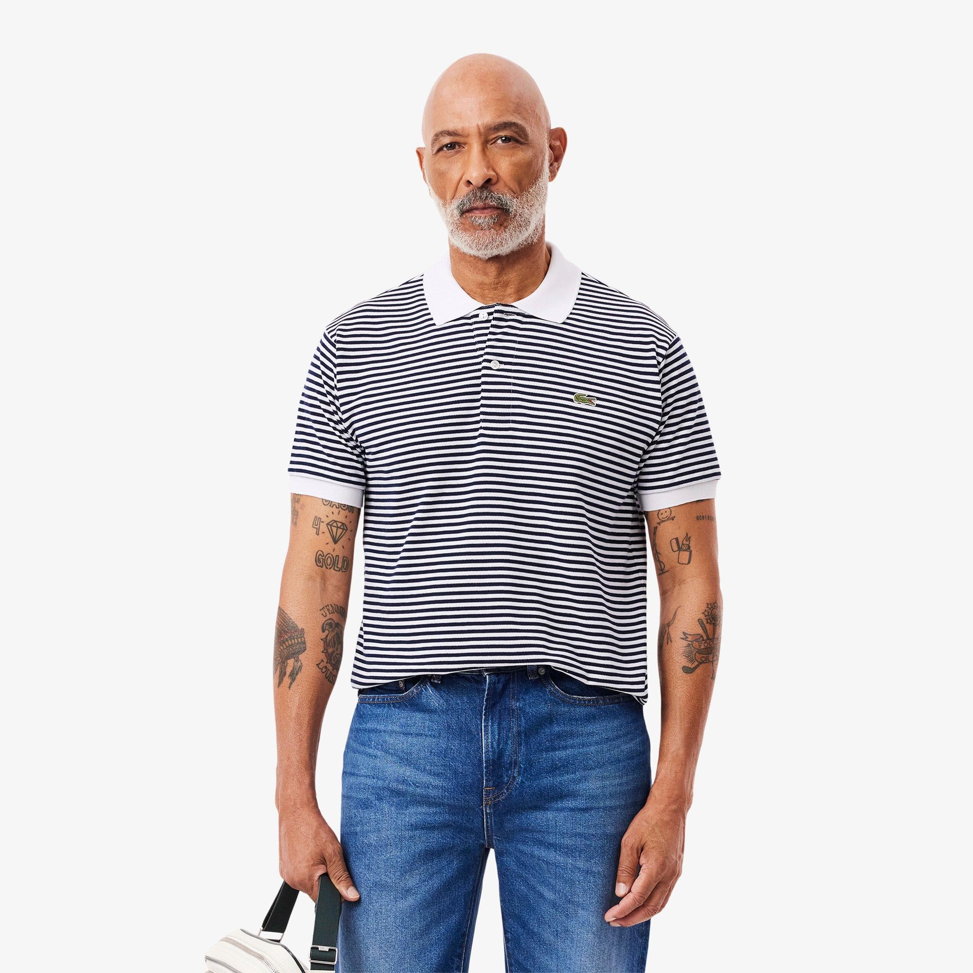 L.12.12 Erkek Classic Fit Çizgili Beyaz Polo