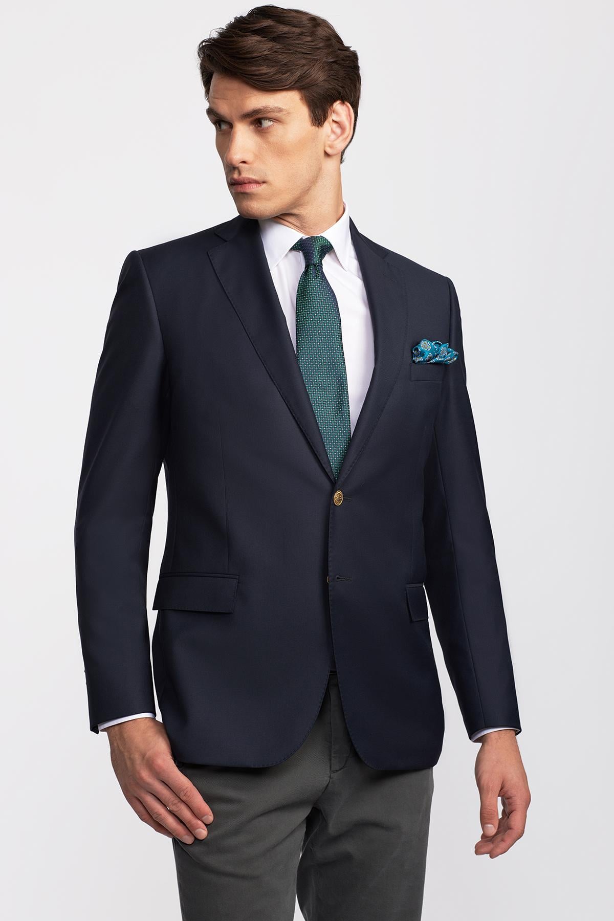 Erkek Lacivert Mono Yaka Yün Delfino Blazer Ceket