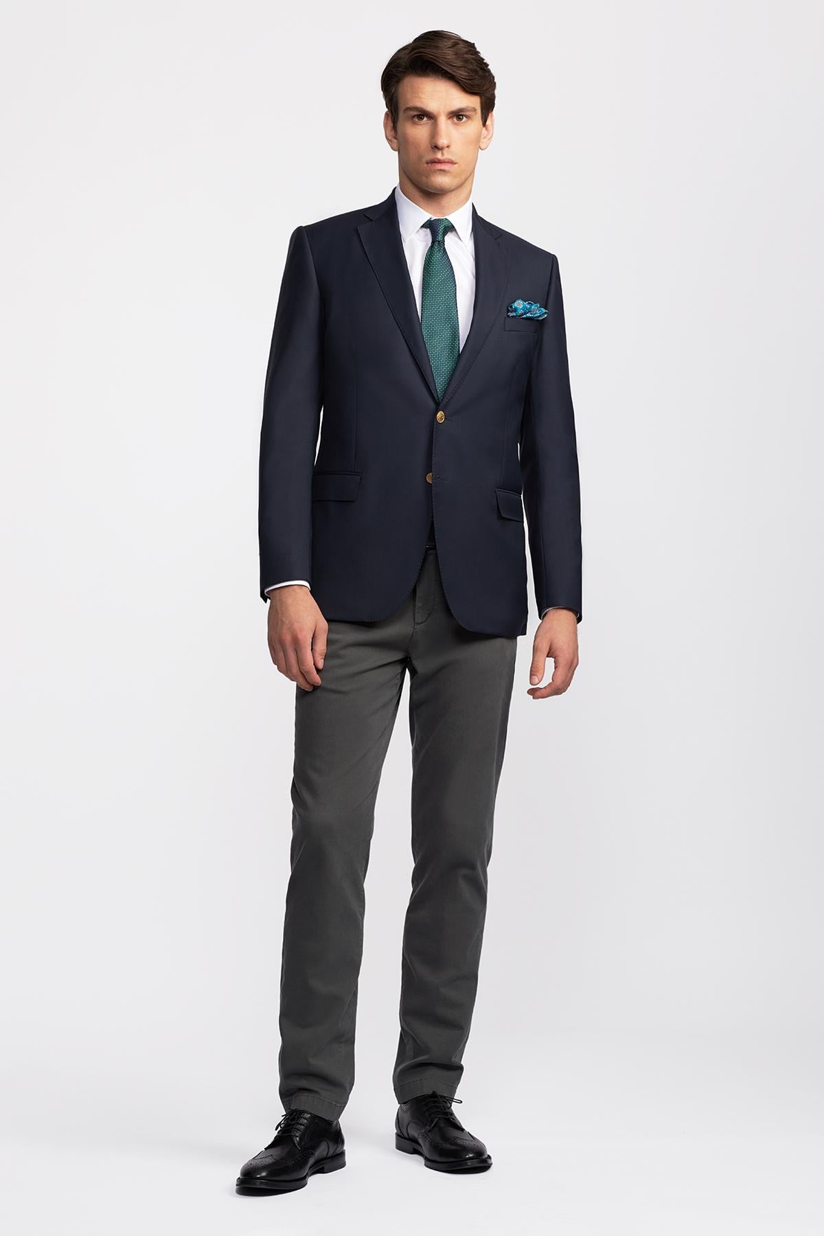 Erkek Lacivert Mono Yaka Yün Delfino Blazer Ceket