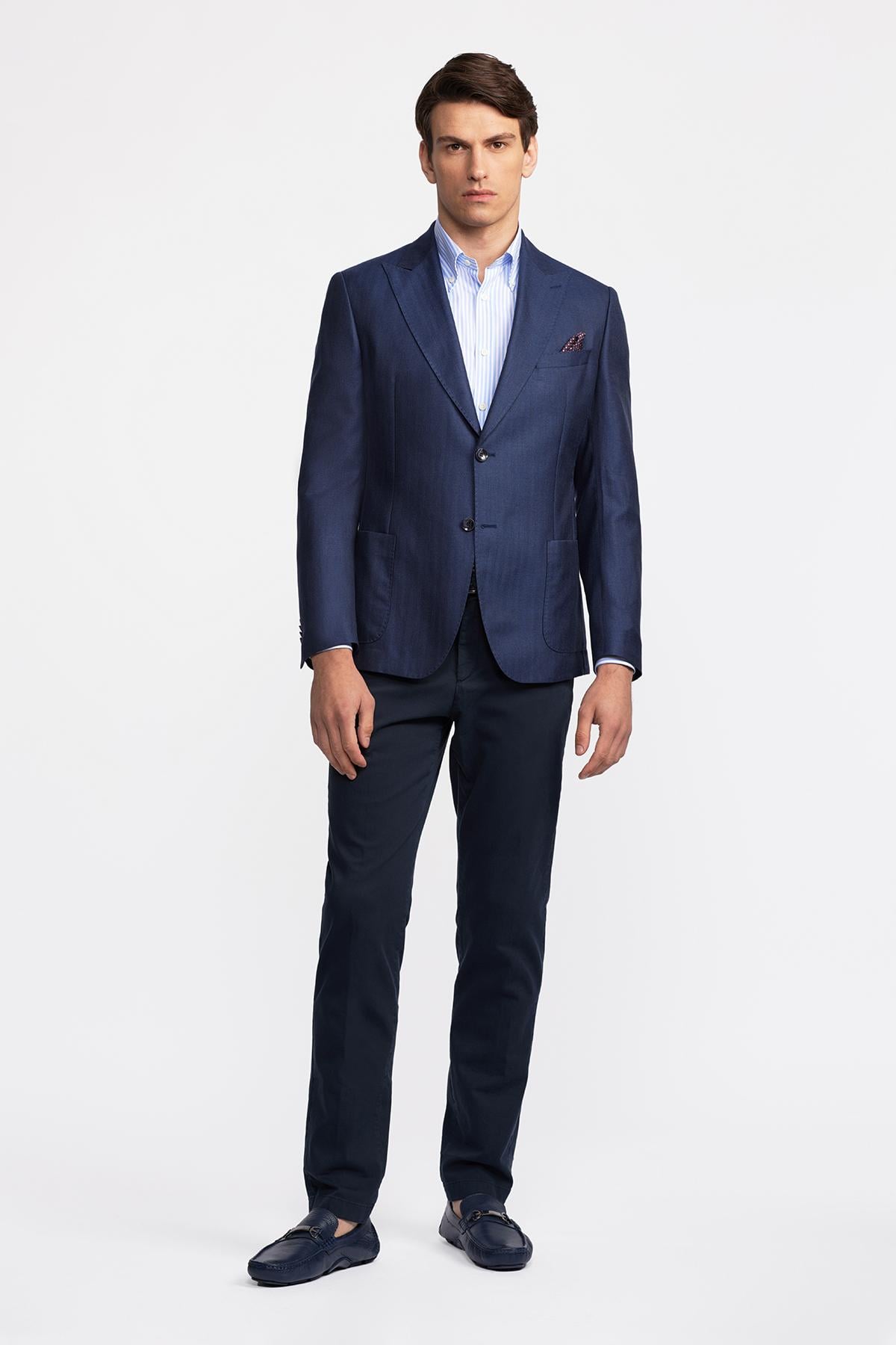 Erkek Lacivert Loro Piana Kumaşıyla Üretilmiş Yün İpek Karışımlı Casual Ceket