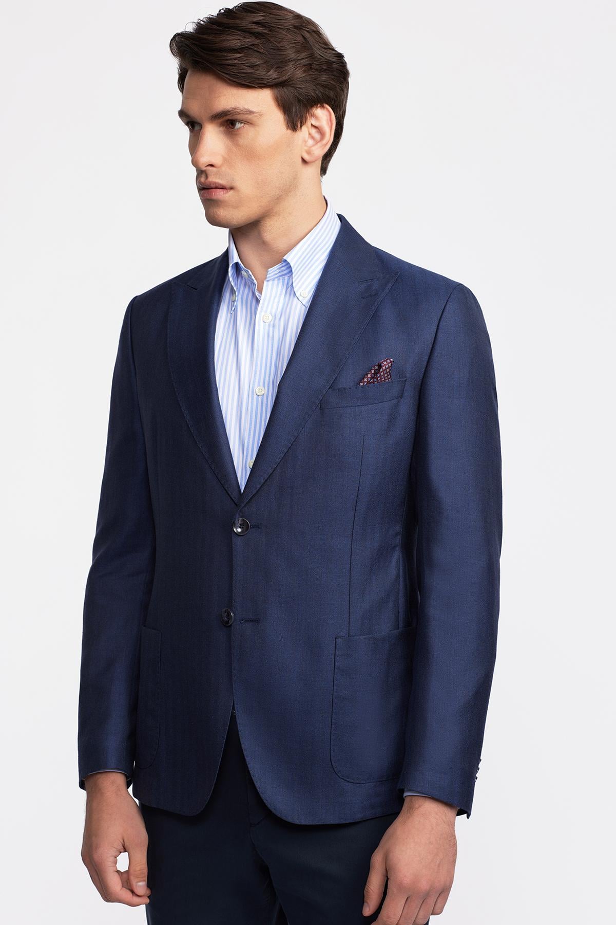Erkek Lacivert Loro Piana Kumaşıyla Üretilmiş Yün İpek Karışımlı Casual Ceket