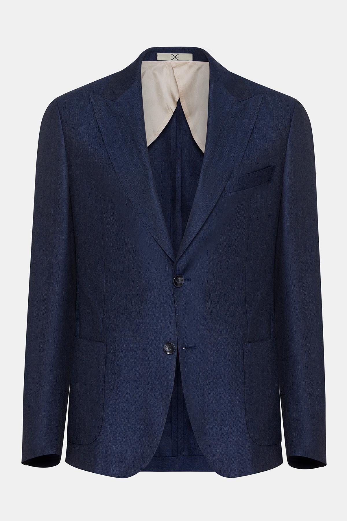 Erkek Lacivert Loro Piana Kumaşıyla Üretilmiş Yün İpek Karışımlı Casual Ceket