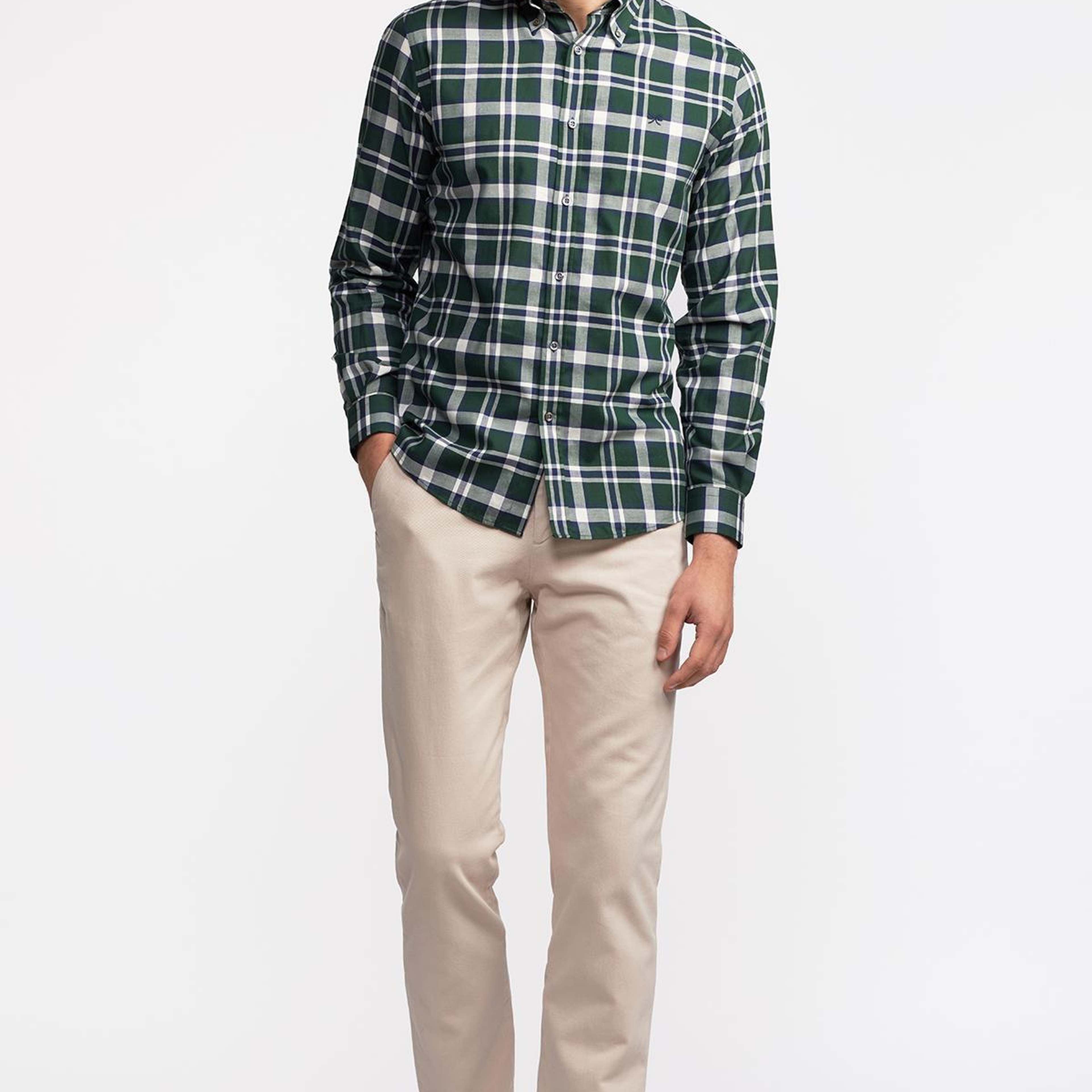 Erkek Yeşil Cooper Fit Düğmeli Yaka Organik Pamuklu Ekoseli Flannel Gömlek