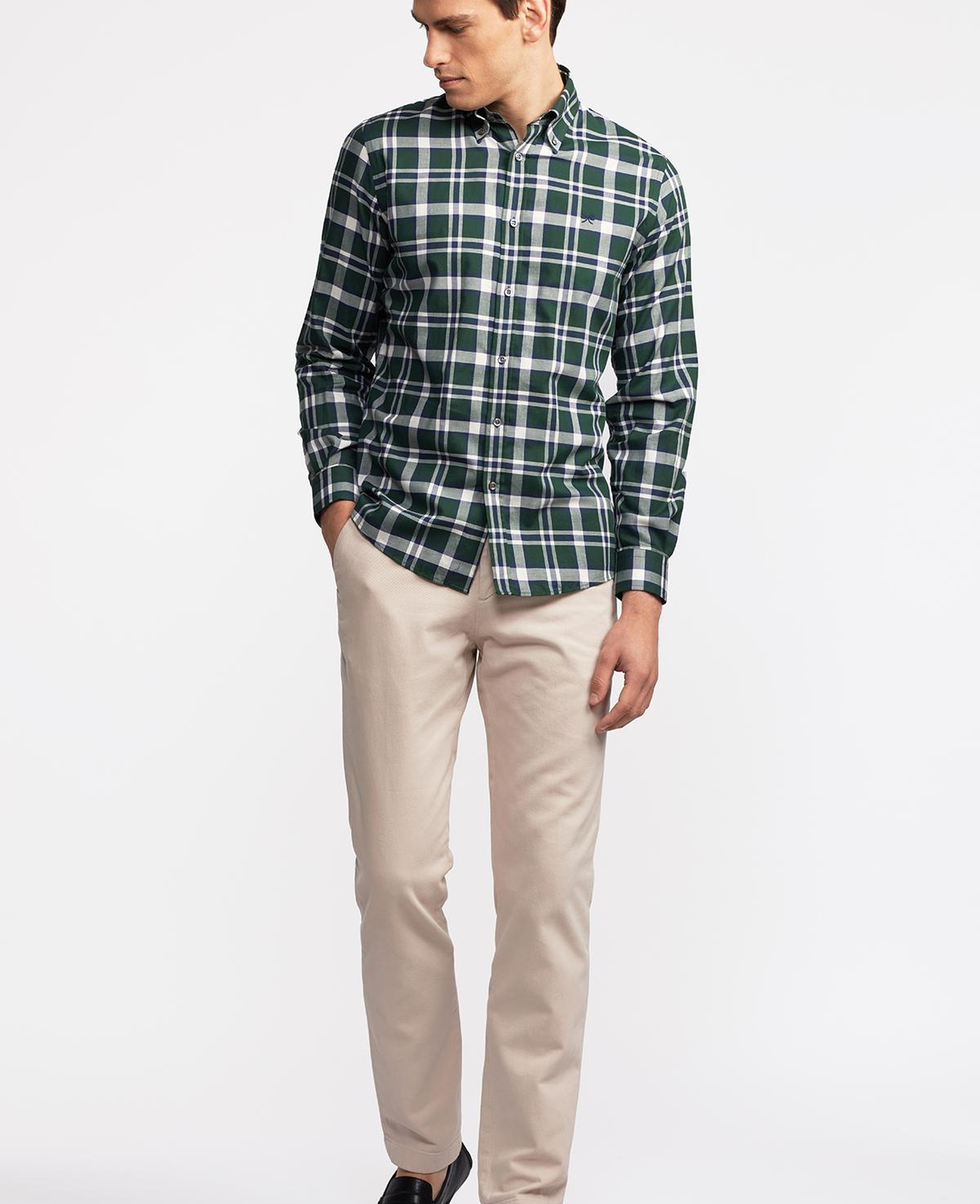 Erkek Yeşil Cooper Fit Düğmeli Yaka Organik Pamuklu Ekoseli Flannel Gömlek
