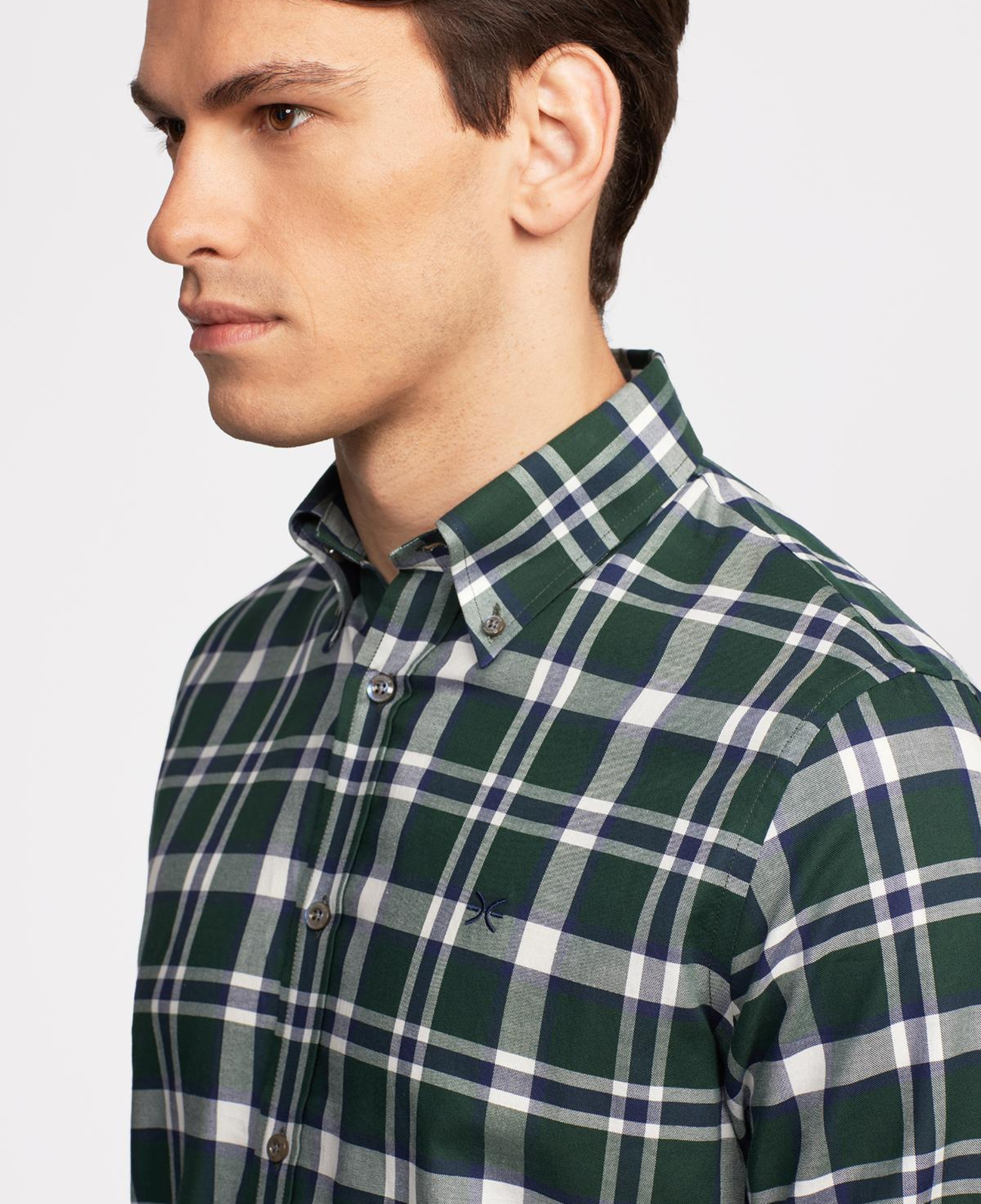 Erkek Yeşil Cooper Fit Düğmeli Yaka Organik Pamuklu Ekoseli Flannel Gömlek