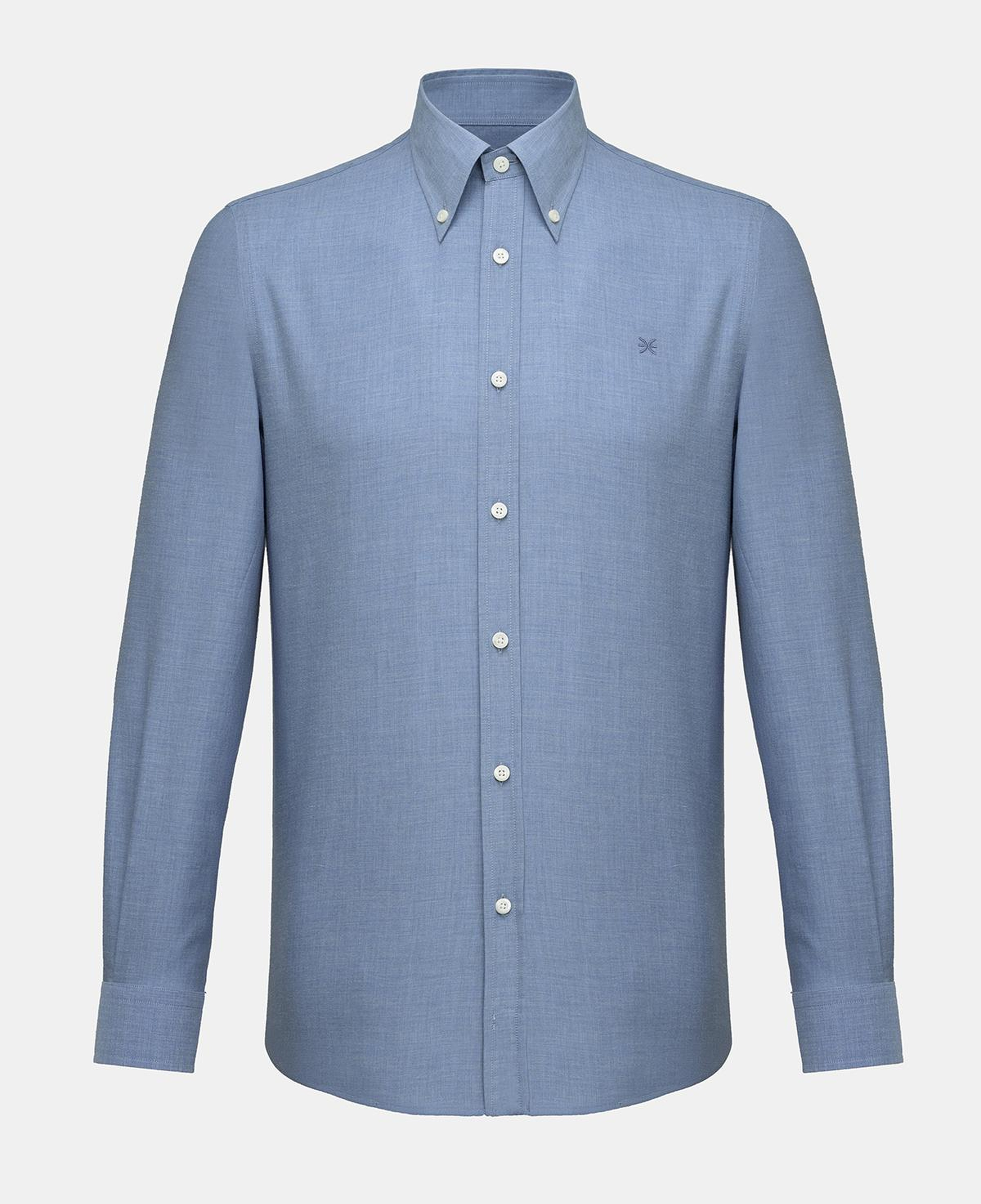 Erkek Mavi Cooper Fit Düğmeli Yaka Kaşmir Karışımlı Flannel Spor Gömlek