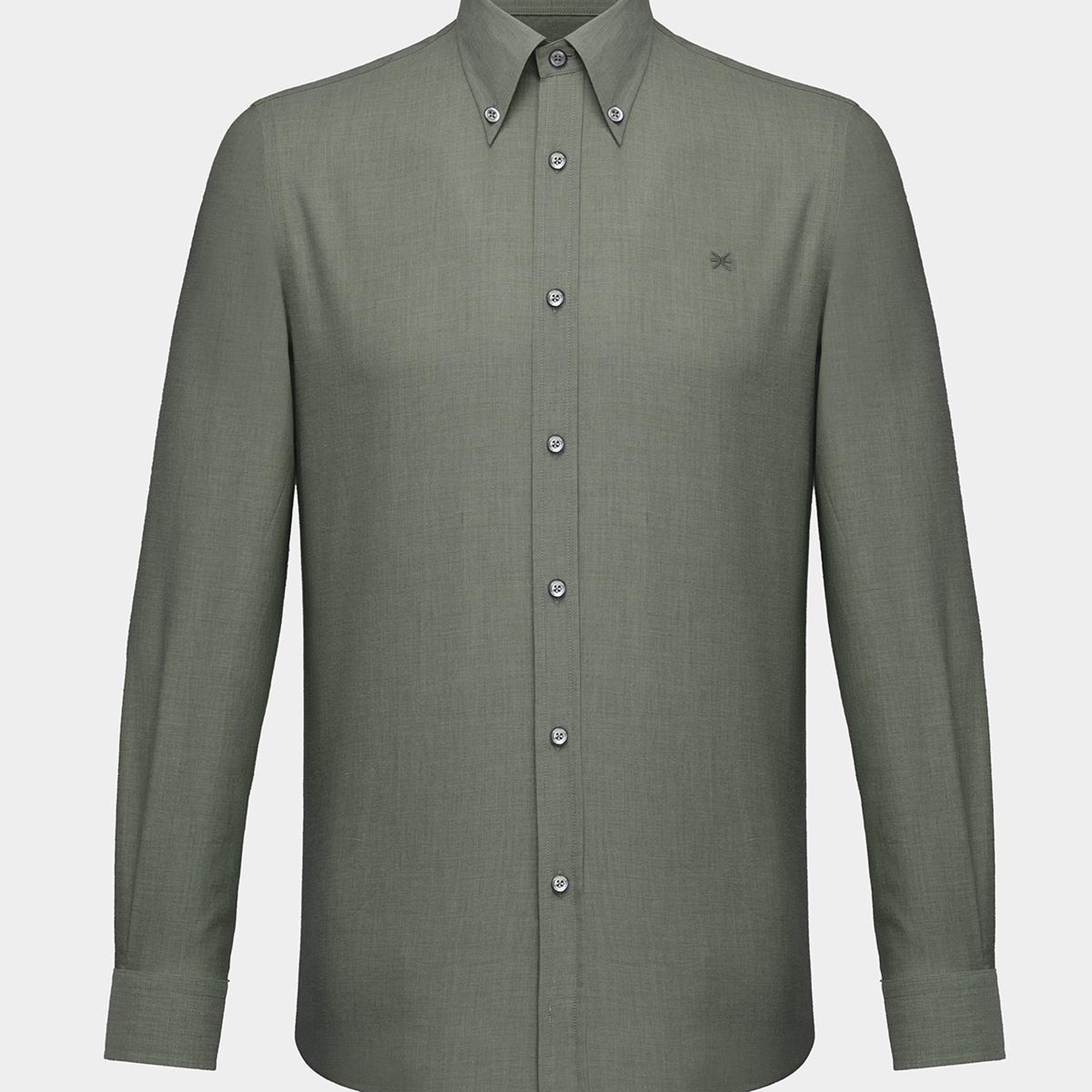 Erkek Haki Cooper Fit Düğmeli Yaka Kaşmir Karışımlı Flannel Spor Gömlek