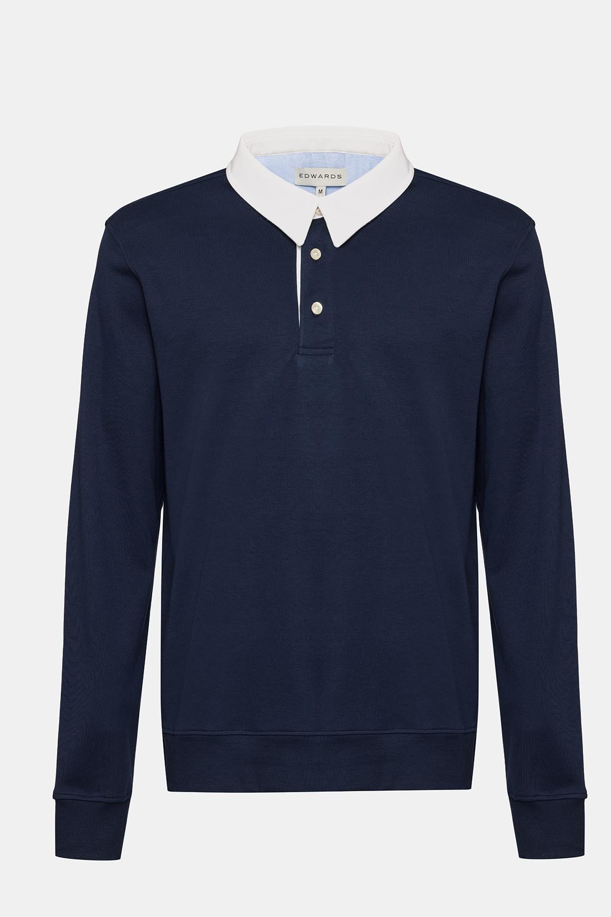 Erkek Lacivert Polo Yaka Organik Pamuklu Rugby Sweatshirt