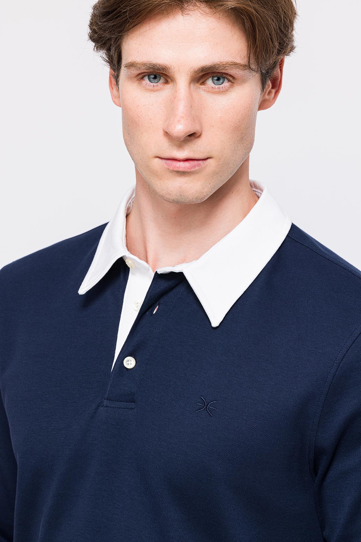 Erkek Lacivert Polo Yaka Organik Pamuklu Rugby Sweatshirt
