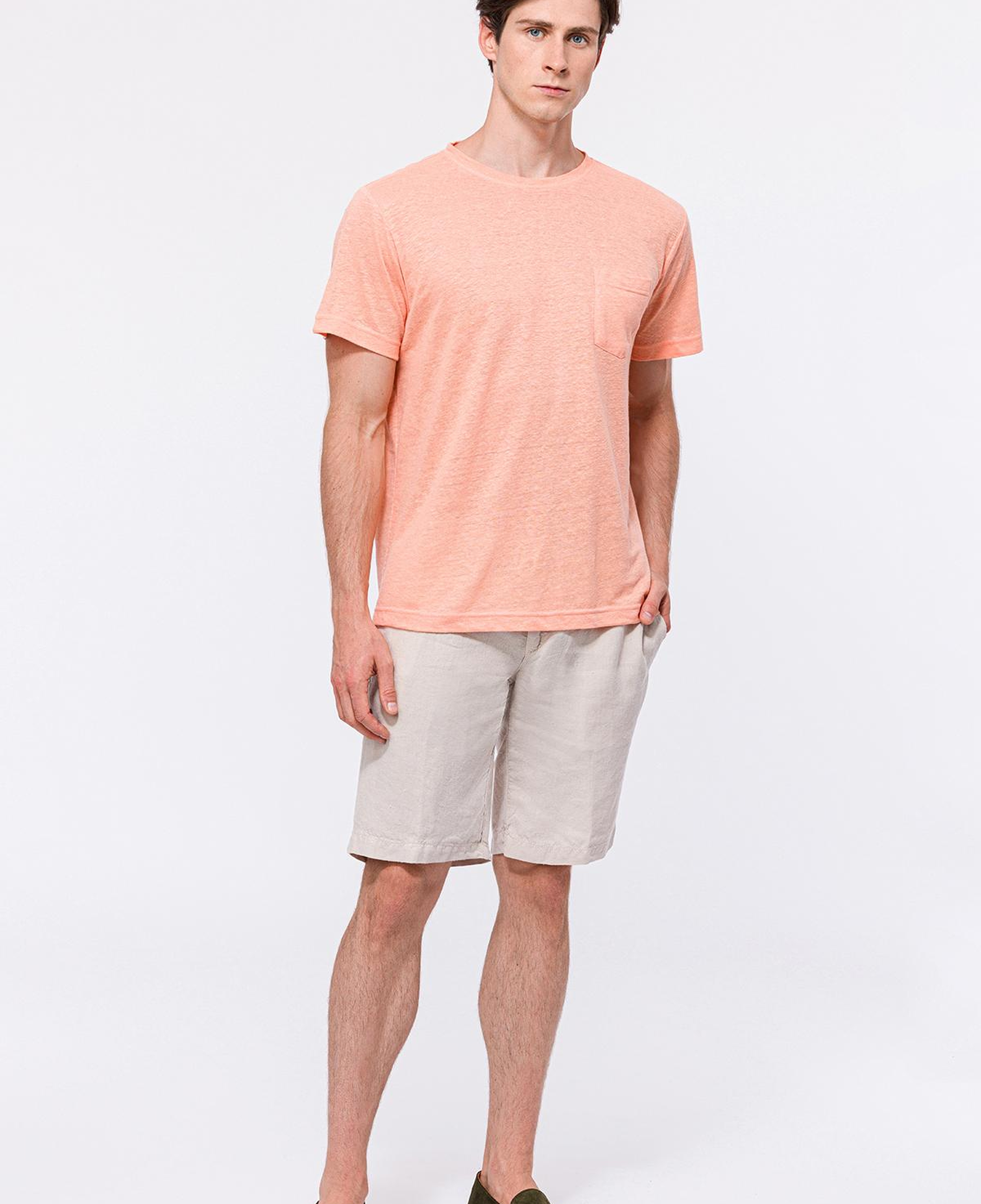 Erkek Pembe Bisiklet Yaka Keten T-Shirt